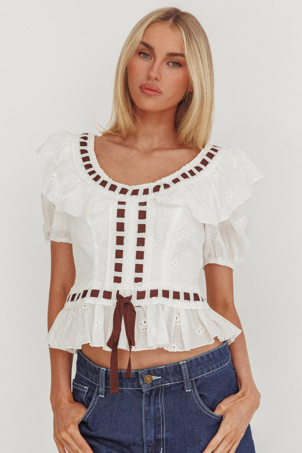 Solea Frill Collar Eyelet Top White by Selfie Leslie