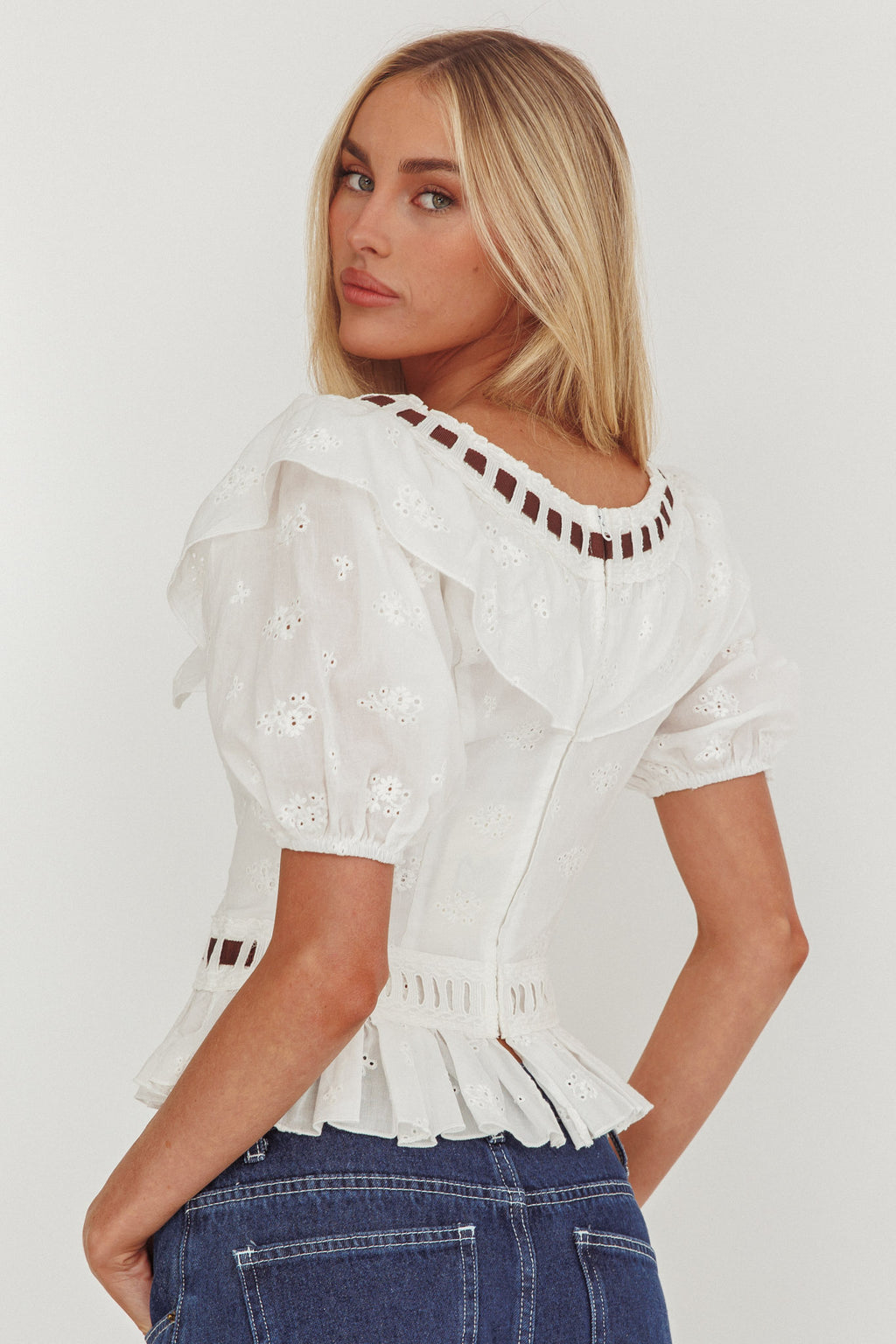 Solea Frill Collar Eyelet Top White by Selfie Leslie