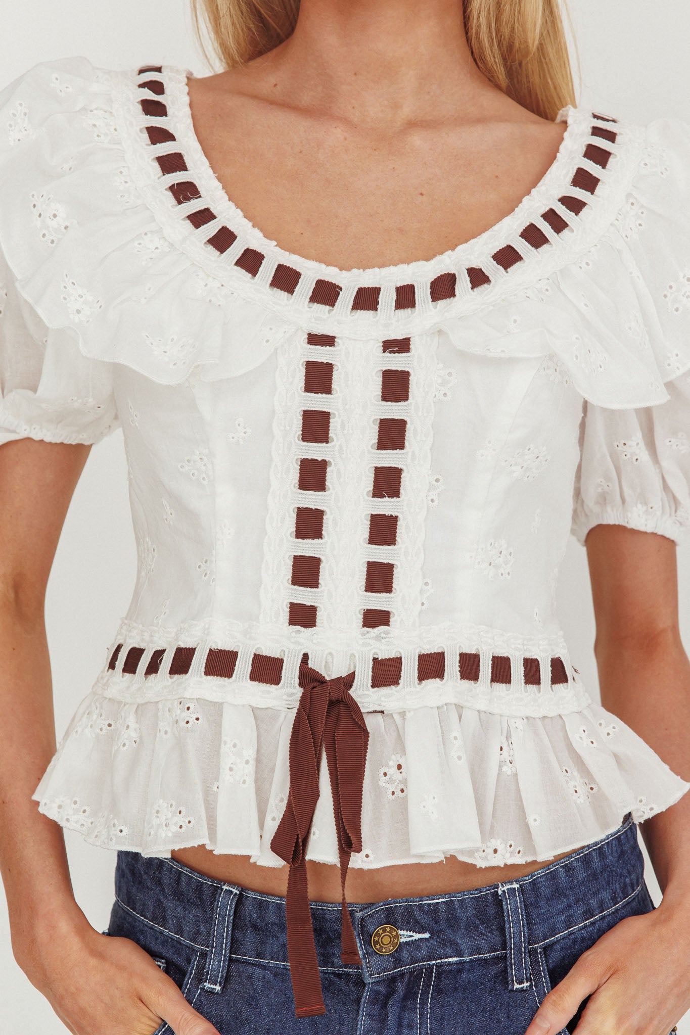 Solea Frill Collar Eyelet Top White by Selfie Leslie