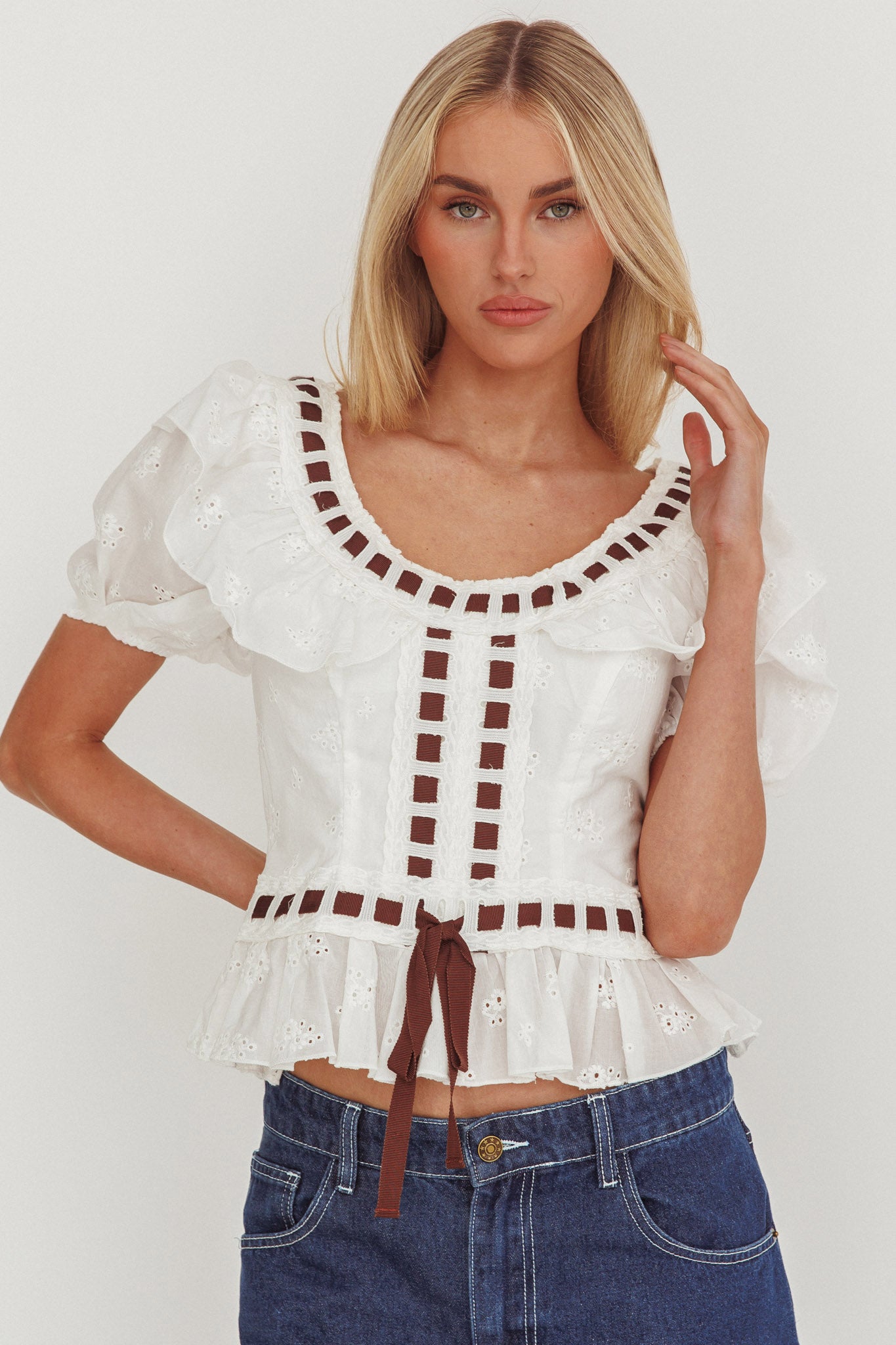 Solea Frill Collar Eyelet Top White by Selfie Leslie