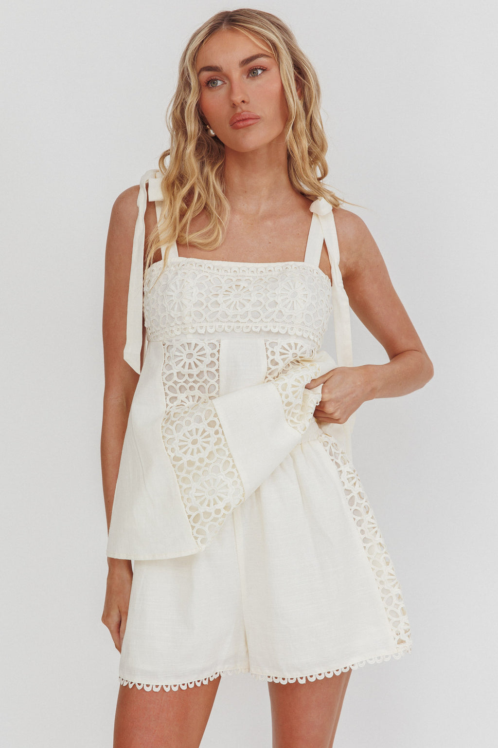 Baybreeze Lace Applique Shorts White by Selfie Leslie