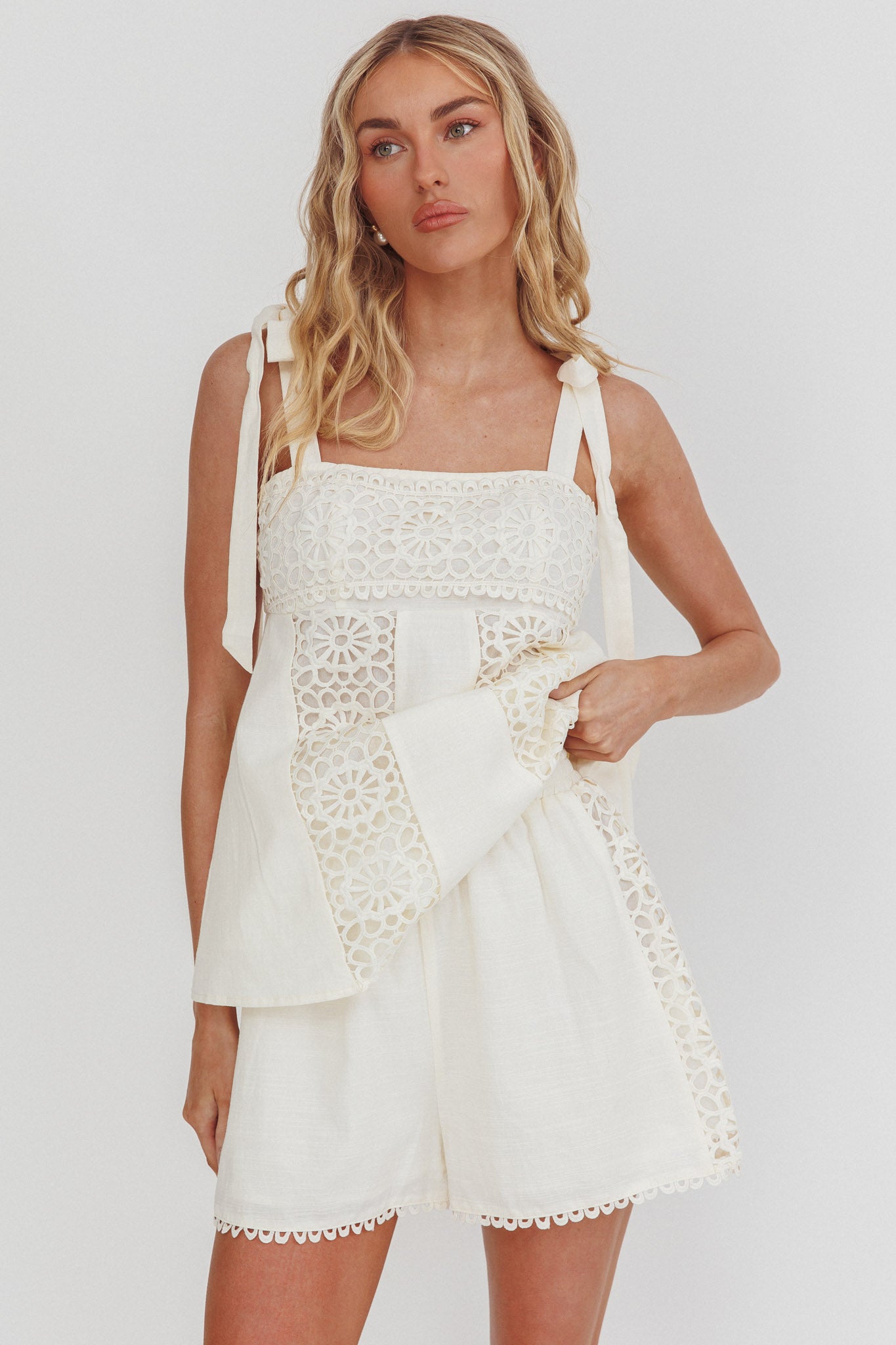 Baybreeze Lace Applique Shorts White by Selfie Leslie