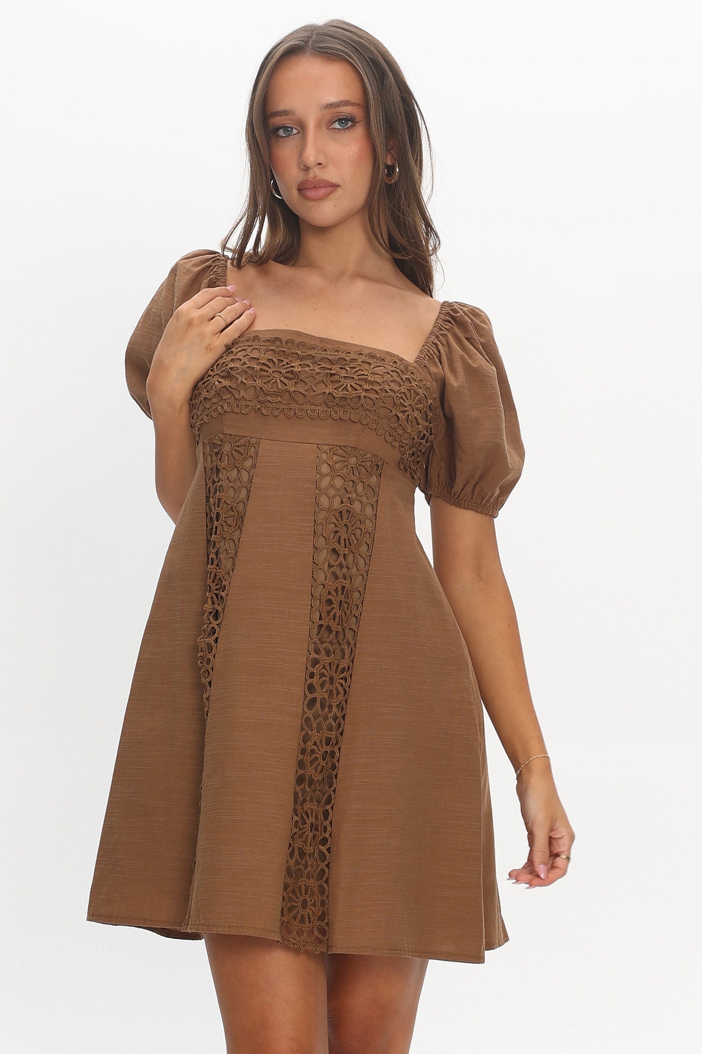Highlight Reels Puff Sleeve Lace Mini Dress Chocolate - M Highlight Reels Puff Sleeve Lace Mini Dress Chocolate - M