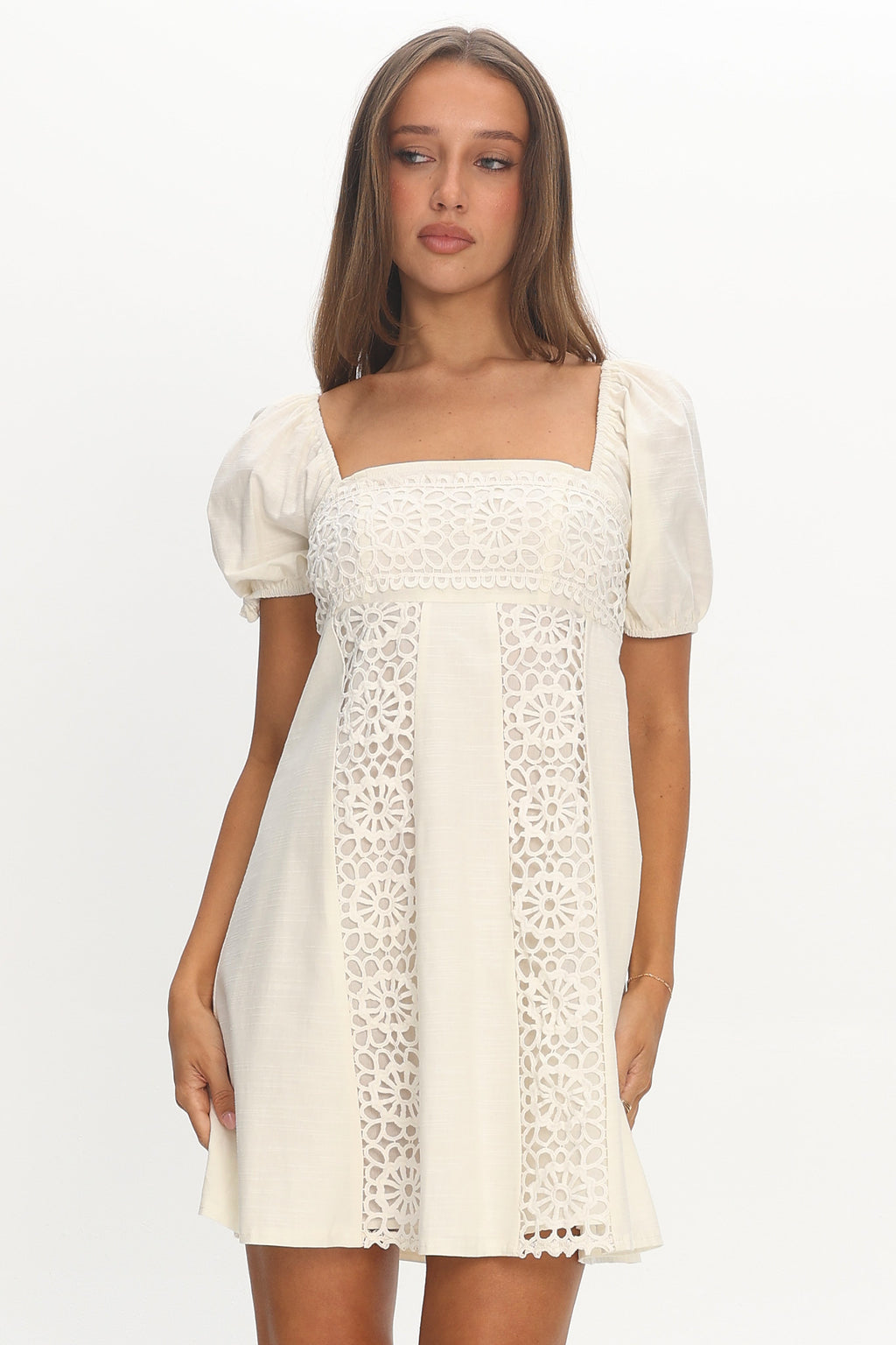 Highlight Reels Puff Sleeve Lace Mini Dress Cream