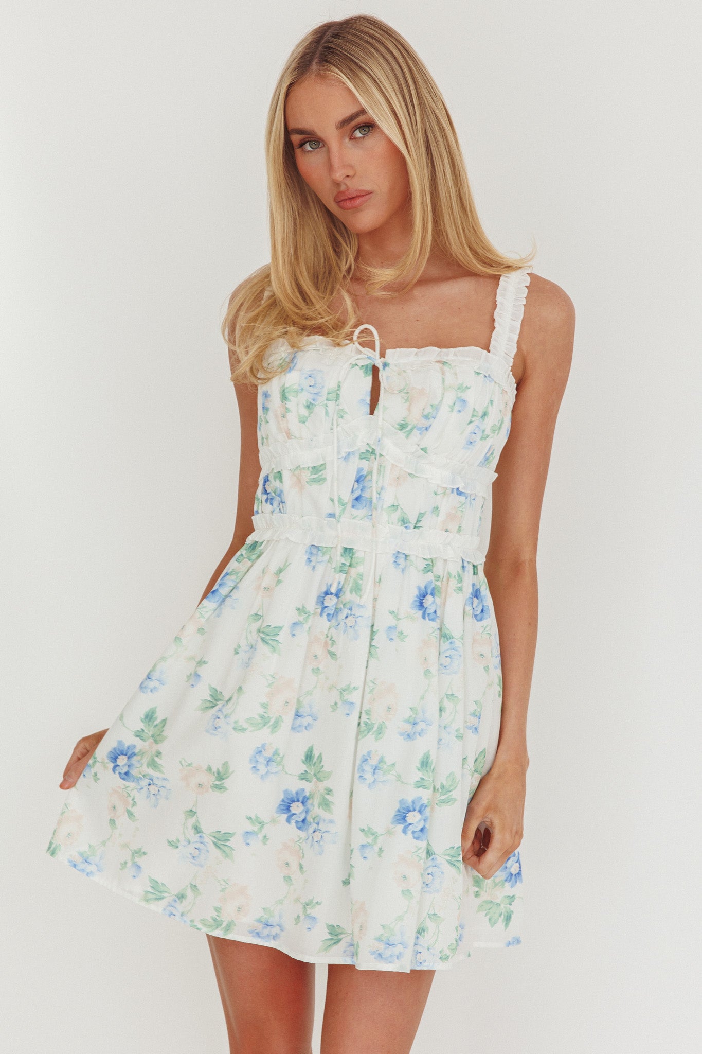 Jordanne Frill Trim Mini Dress Floral Blue by Selfie Leslie