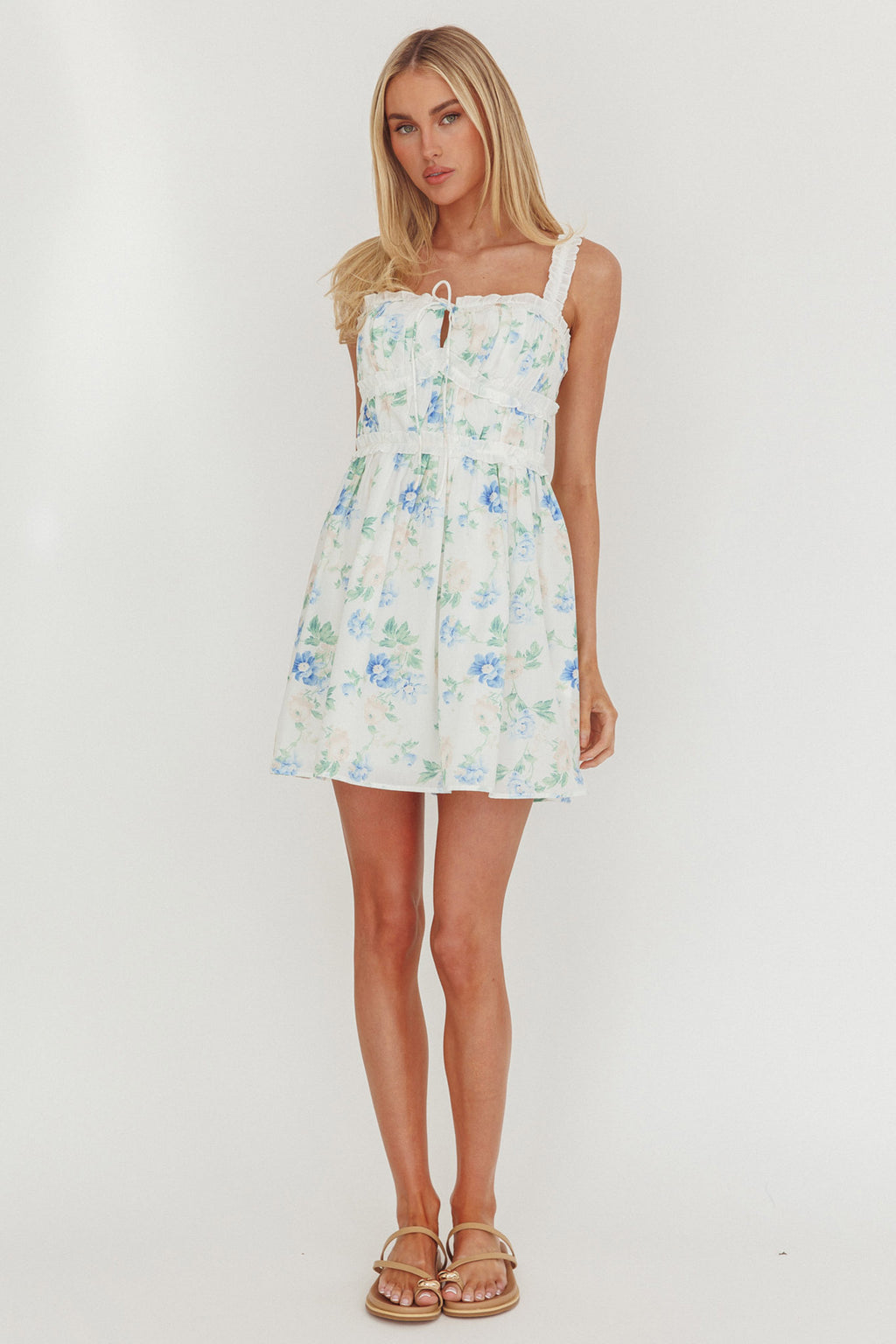 Jordanne Frill Trim Mini Dress Floral Blue by Selfie Leslie