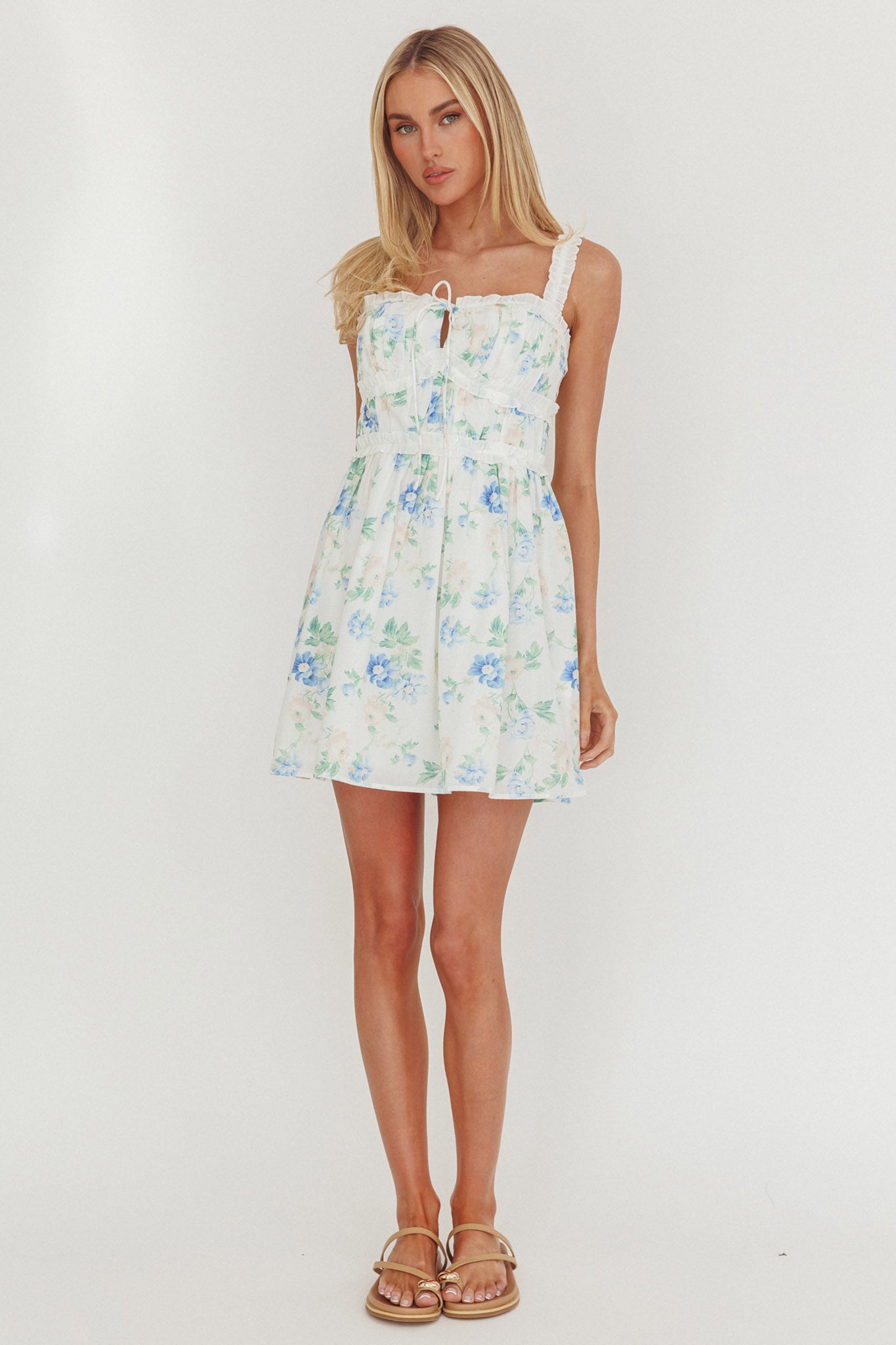 Jordanne Frill Trim Mini Dress Floral Blue by Selfie Leslie