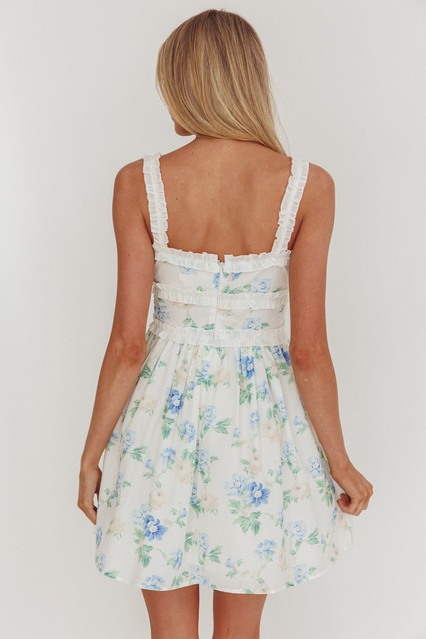 Jordanne Frill Trim Mini Dress Floral Blue | Selfie Leslie