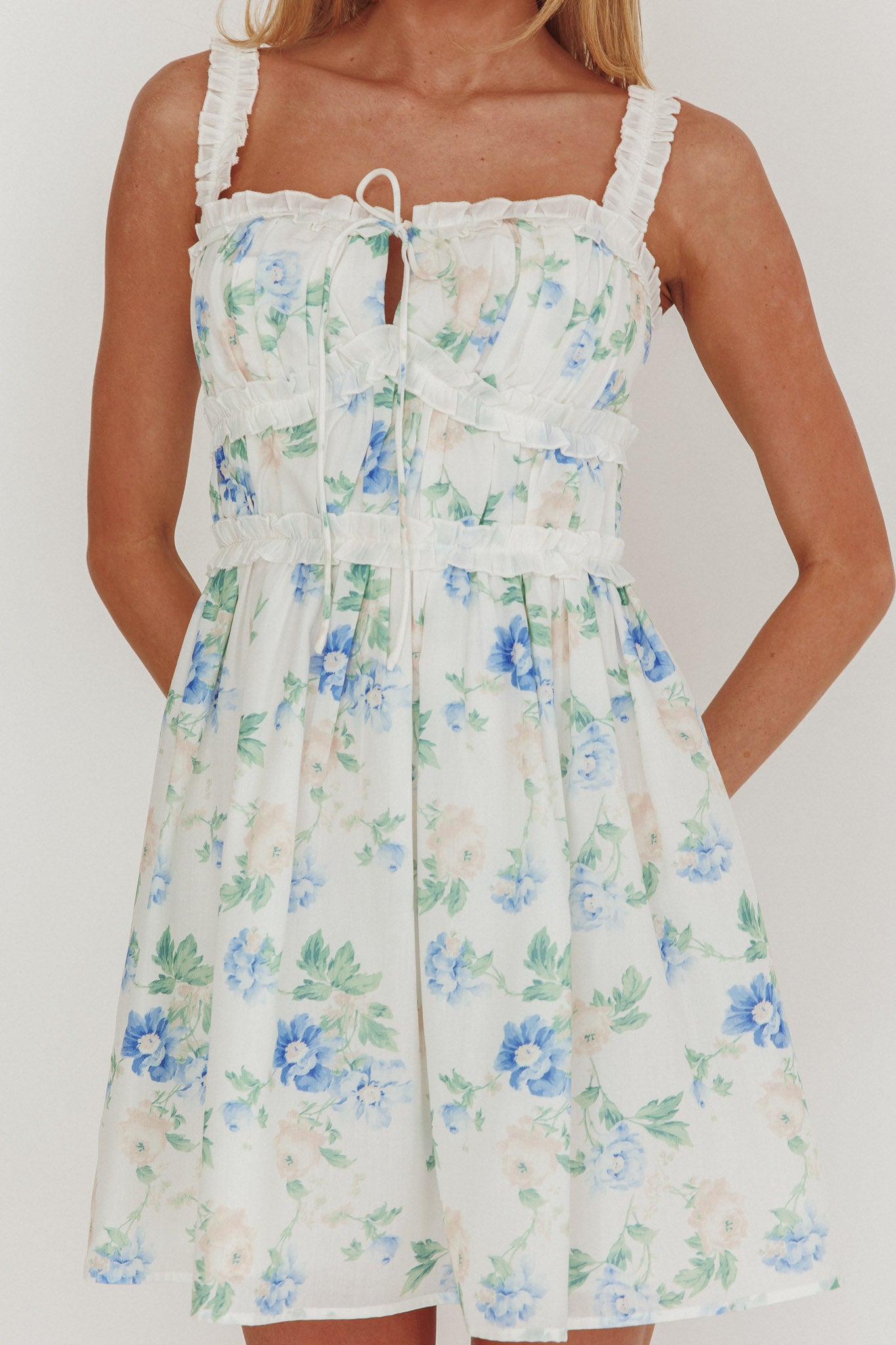 Jordanne Frill Trim Mini Dress Floral Blue | Selfie Leslie