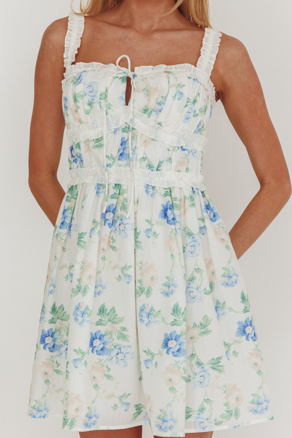Jordanne Frill Trim Mini Dress Floral Blue by Selfie Leslie