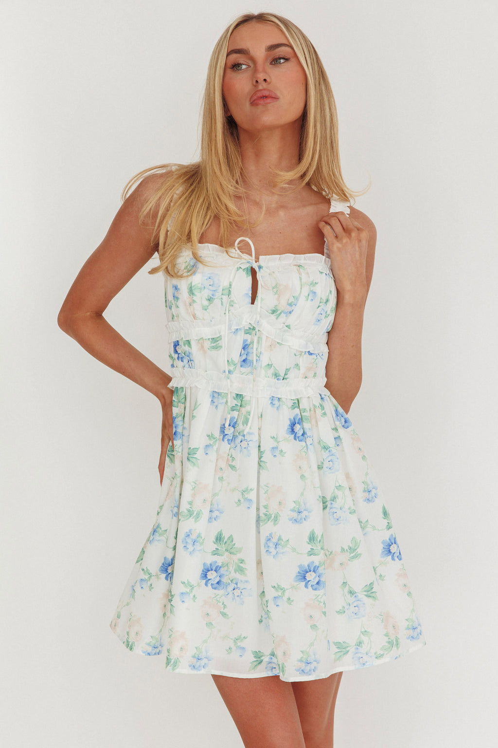 Jordanne Frill Trim Mini Dress Floral Blue by Selfie Leslie