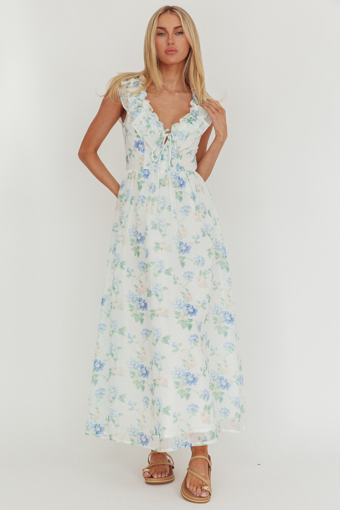 Spring Harvest Frill Neckline Maxi Dress Floral Blue by Selfie Leslie