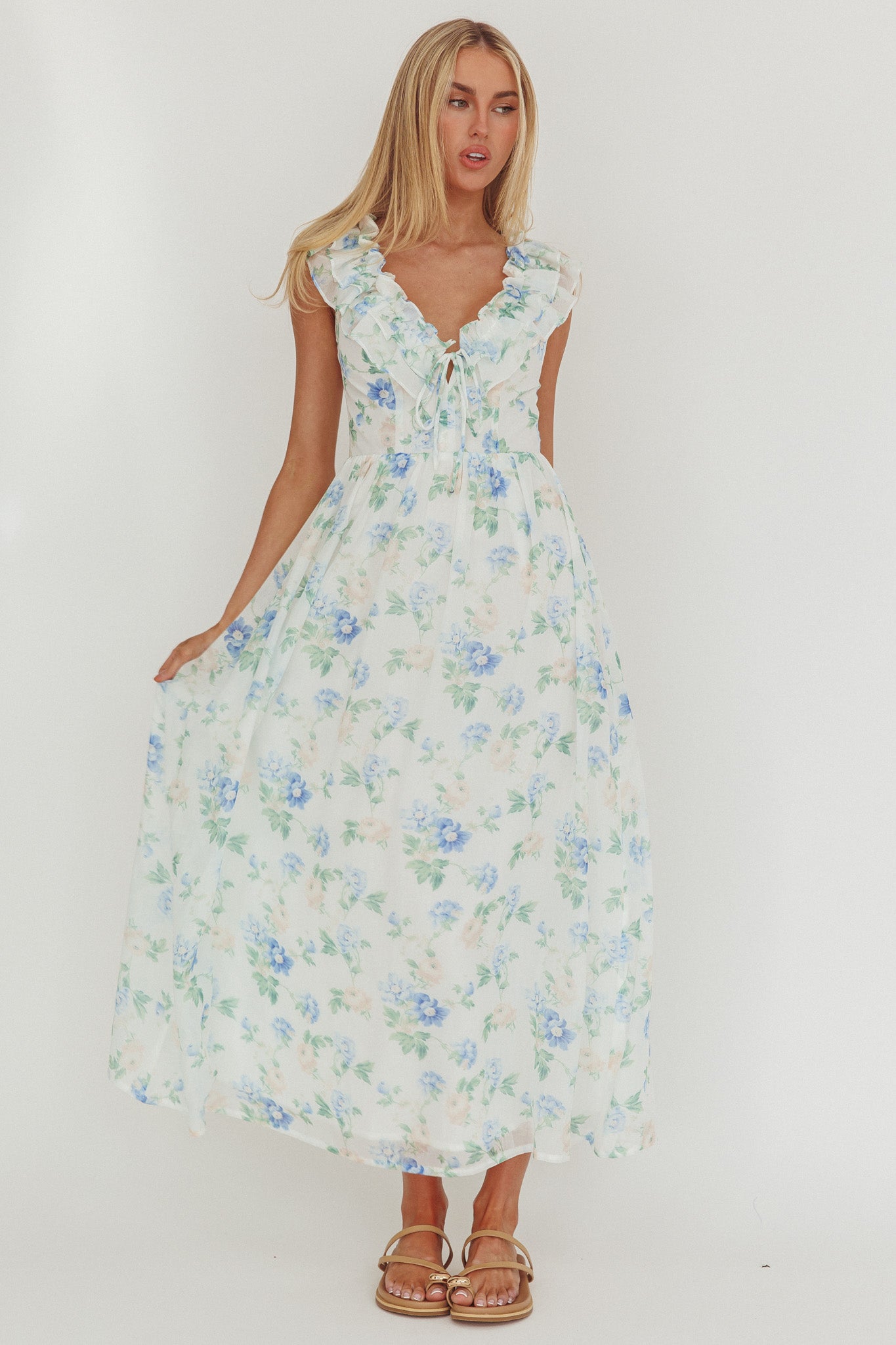 Spring Harvest Frill Neckline Maxi Dress Floral Blue by Selfie Leslie