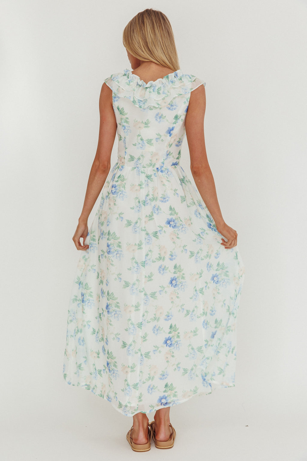 Spring Harvest Frill Neckline Maxi Dress Floral Blue by Selfie Leslie