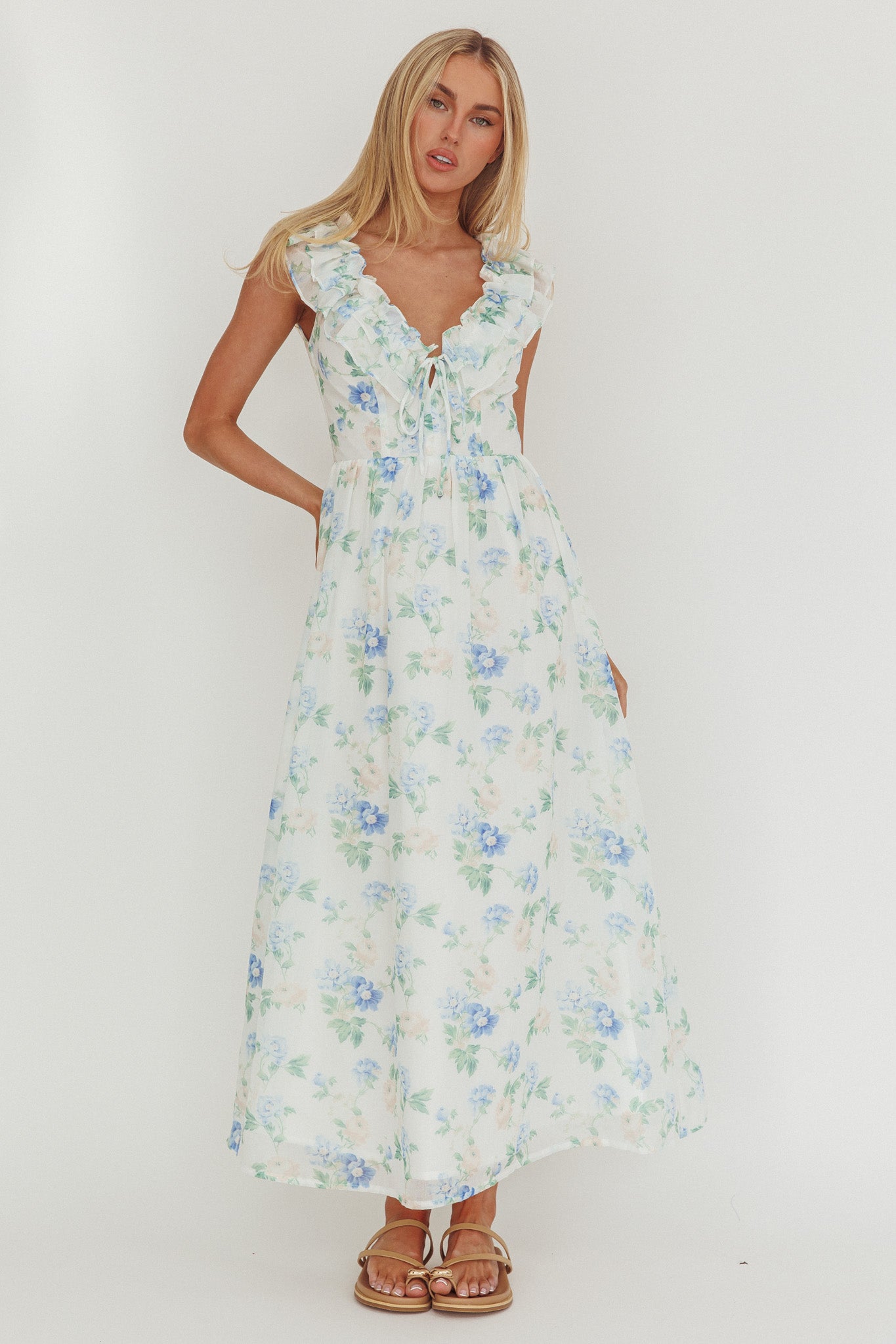 Spring Harvest Frill Neckline Maxi Dress Floral Blue by Selfie Leslie