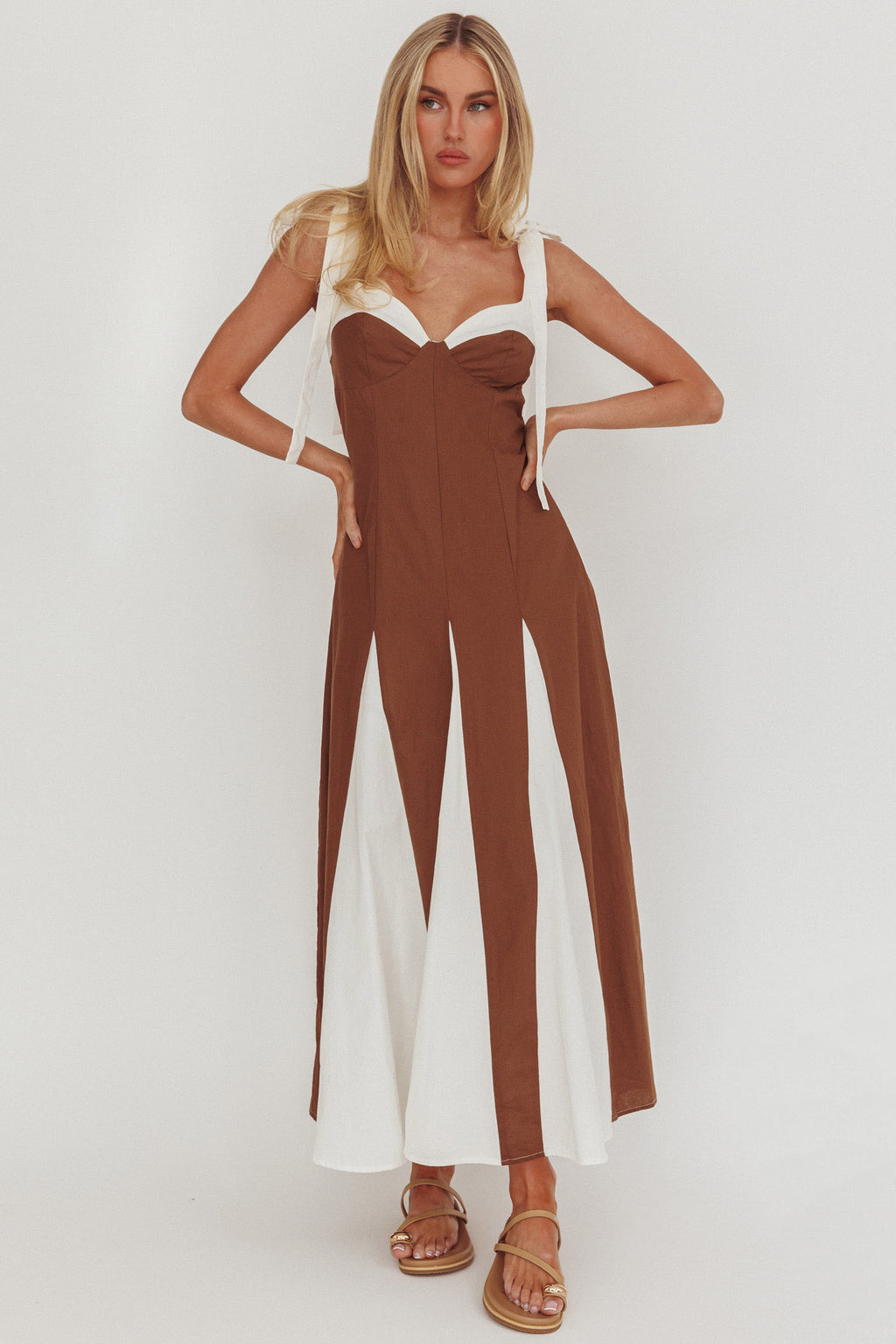 Marisa Tied Shoulder Godet Hem Maxi Dress Contrast Chocolate by Selfie Leslie