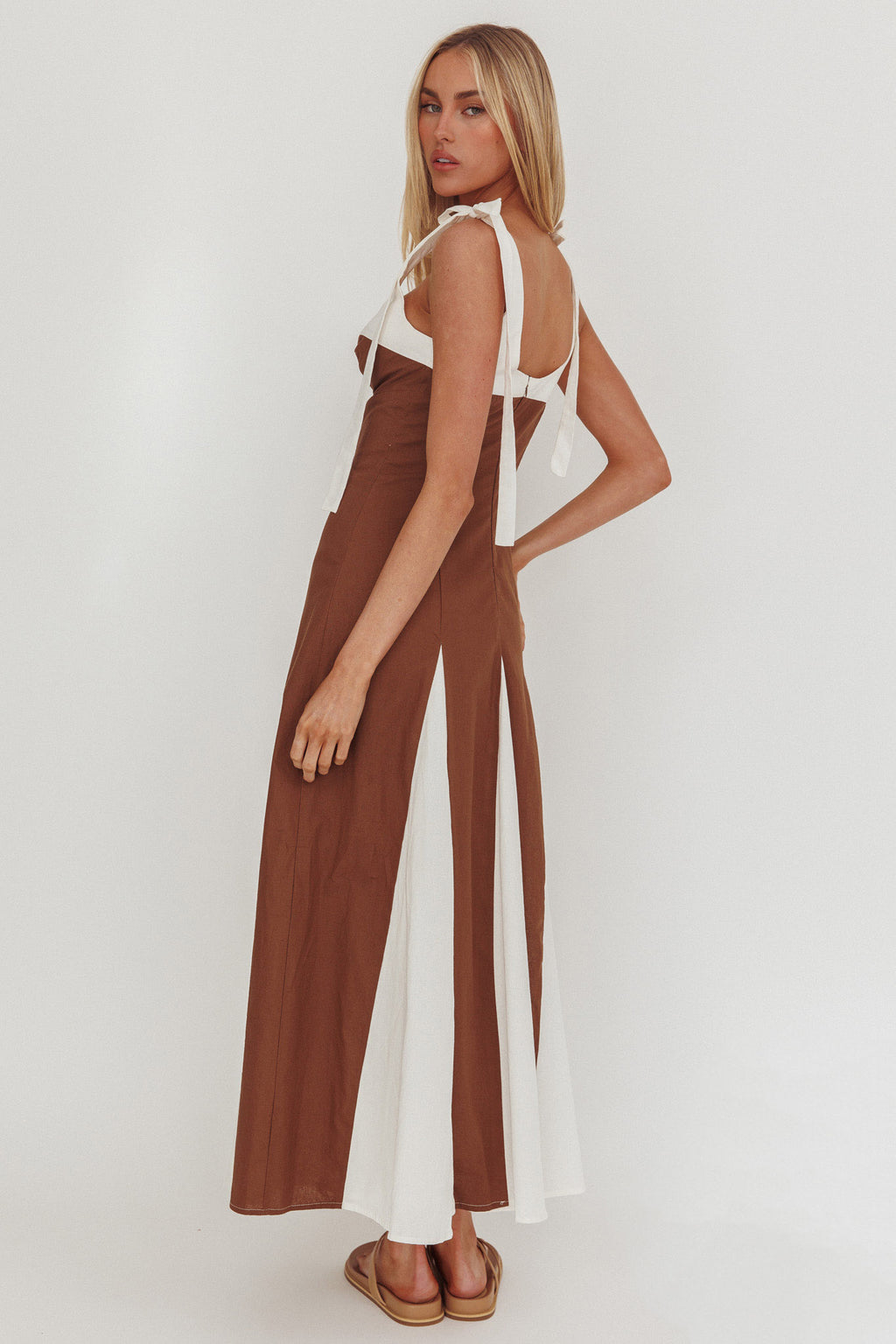 Marisa Tied Shoulder Godet Hem Maxi Dress Contrast Chocolate by Selfie Leslie