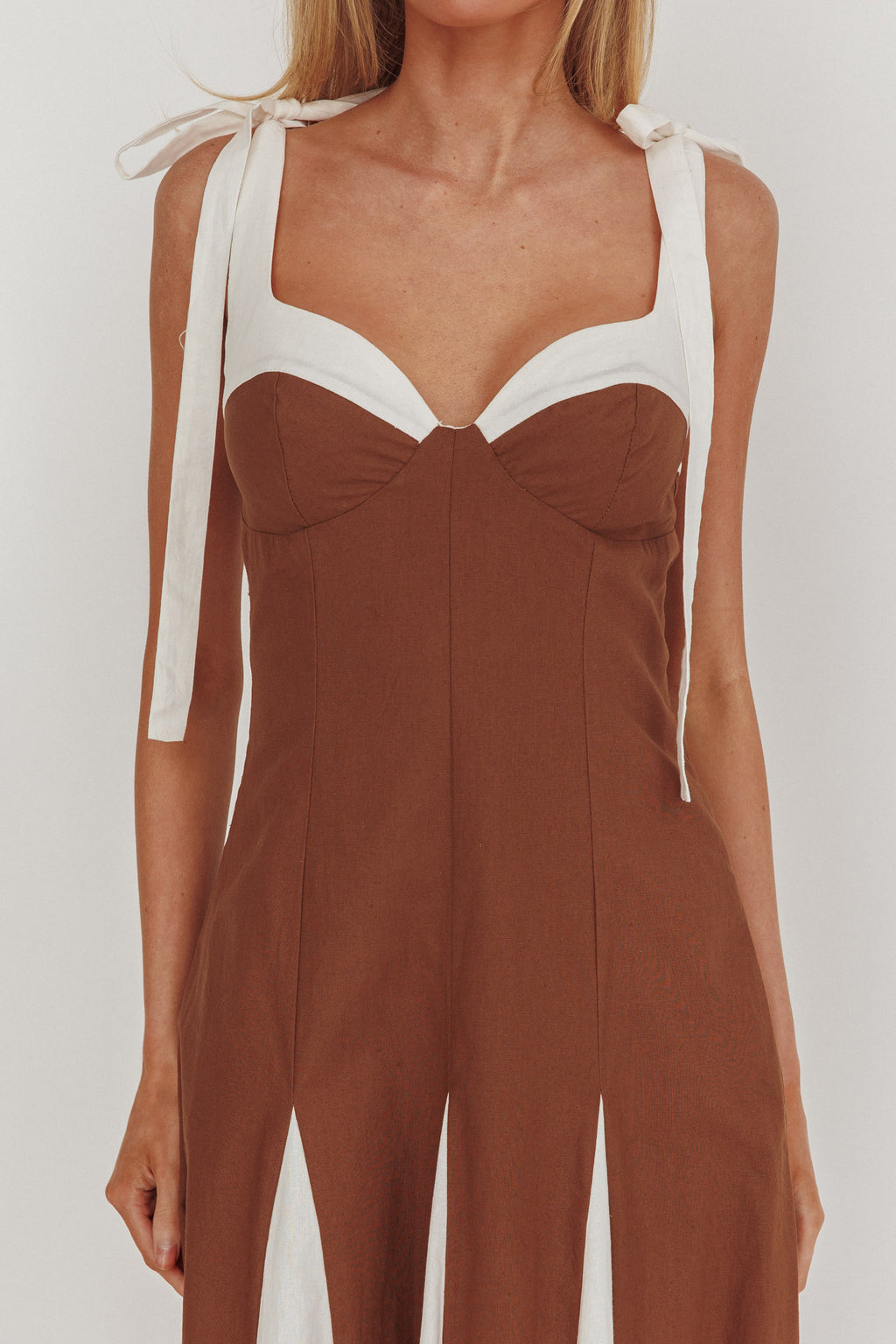 Marisa Tied Shoulder Godet Hem Maxi Dress Contrast Chocolate by Selfie Leslie