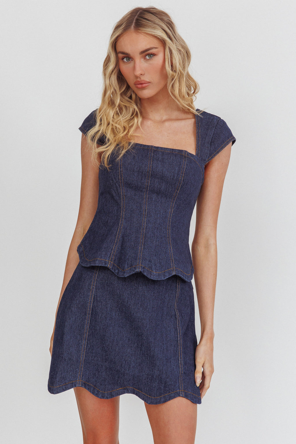 Halen Scalloped Mini Skirt Indigo by Selfie Leslie