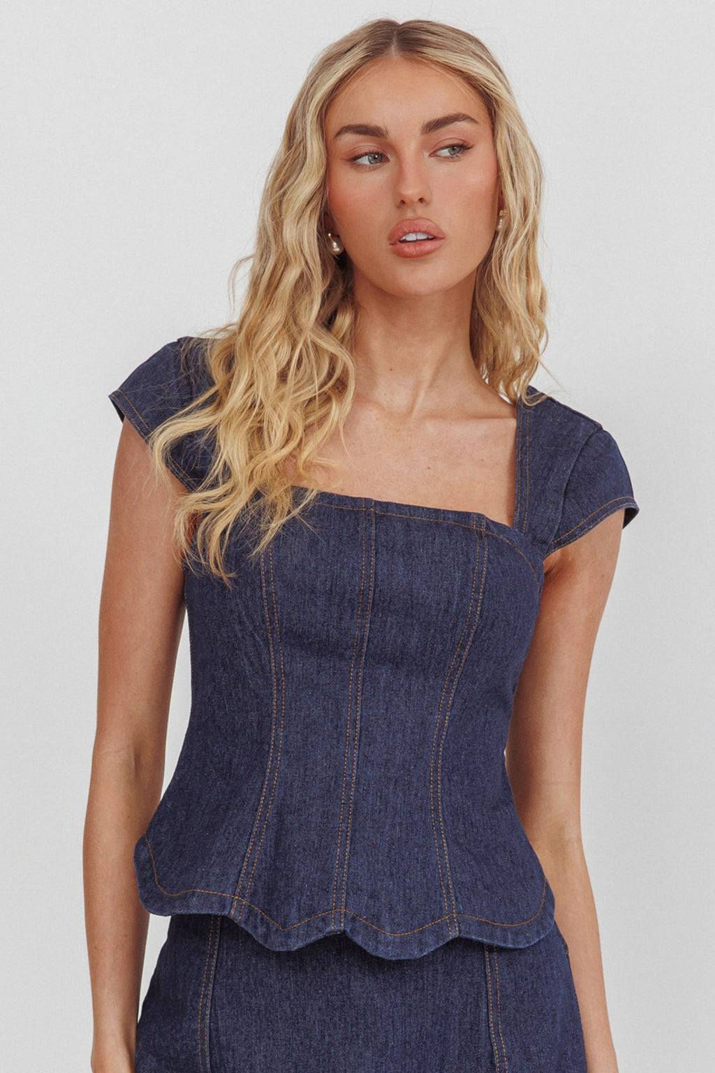 Halen Cap Sleeve Scalloped Top Indigo by Selfie Leslie