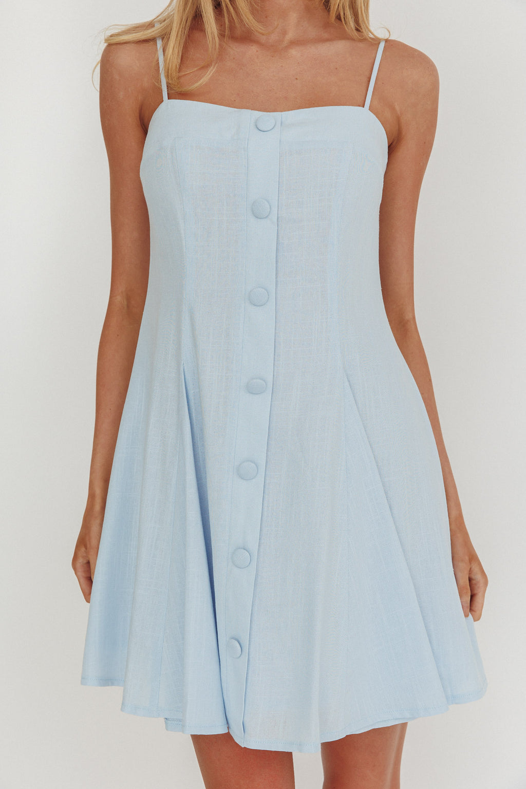 Fianna Button Front Godet Mini Dress Light Blue by Selfie Leslie