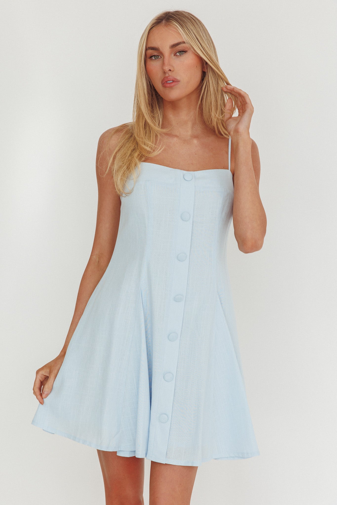 Fianna Button Front Godet Mini Dress Light Blue by Selfie Leslie