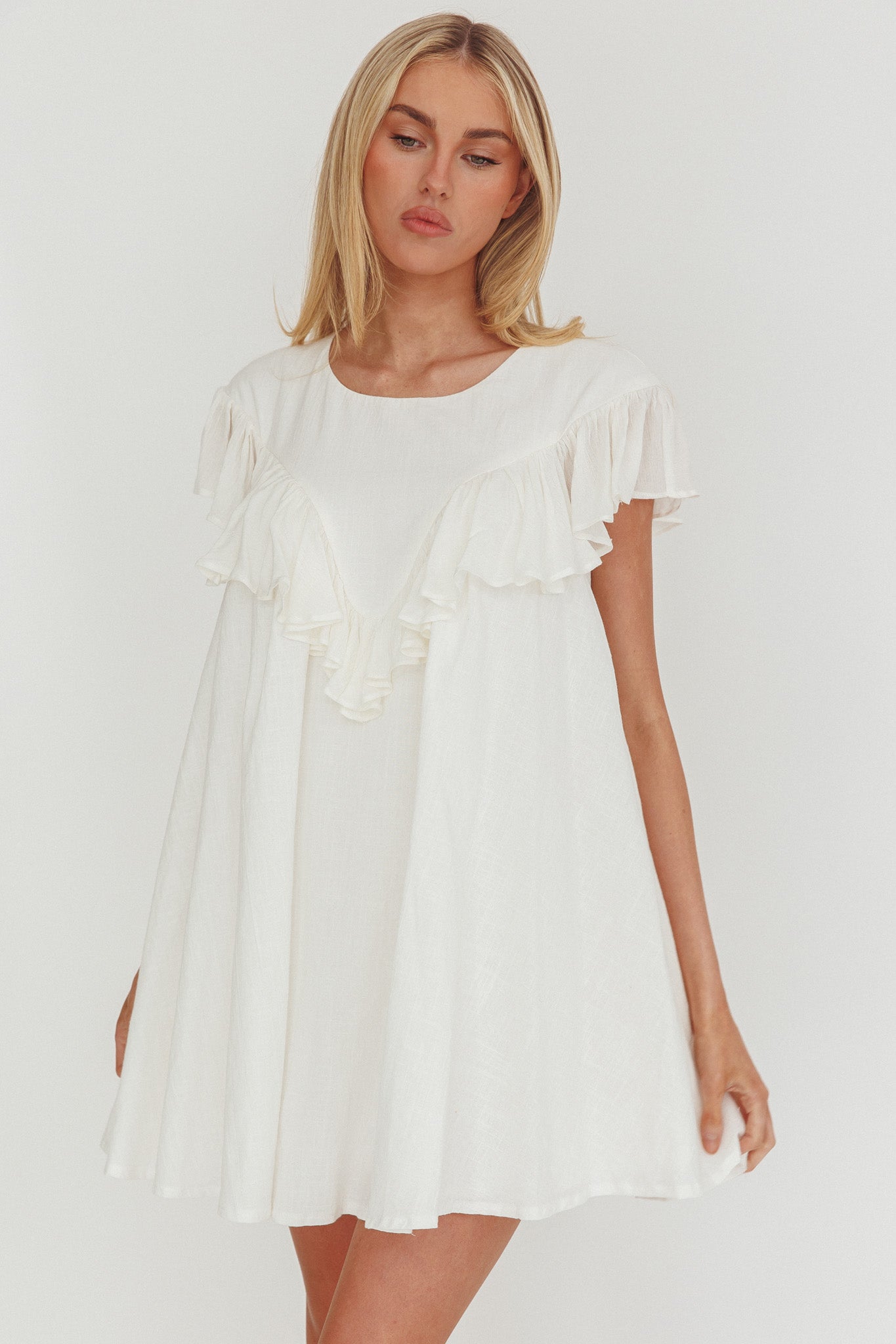 Sunshine Weekend Frill Trim Babydoll Mini Dress White | Selfie Leslie
