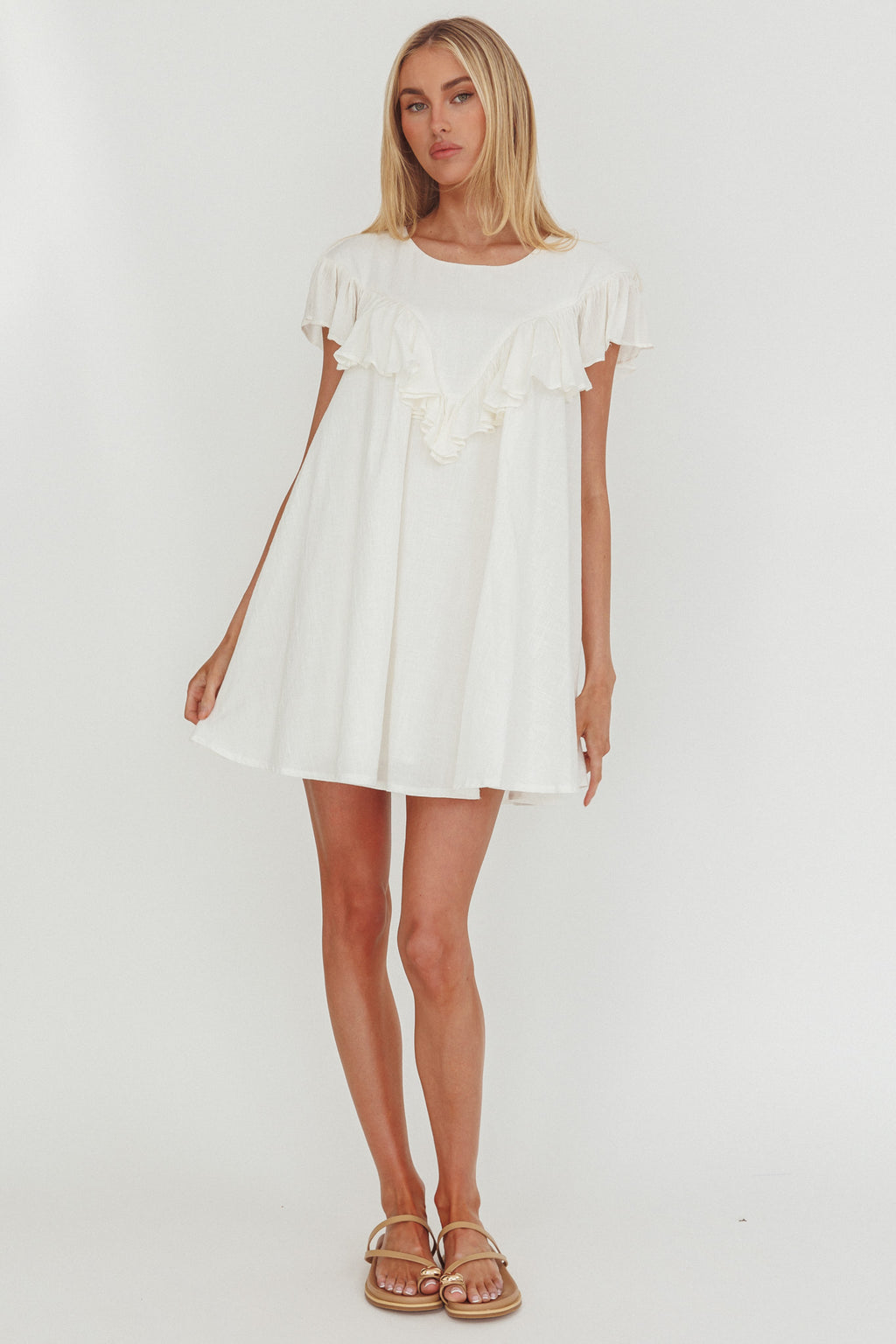 Sunshine Weekend Frill Trim Babydoll Mini Dress White by Selfie Leslie