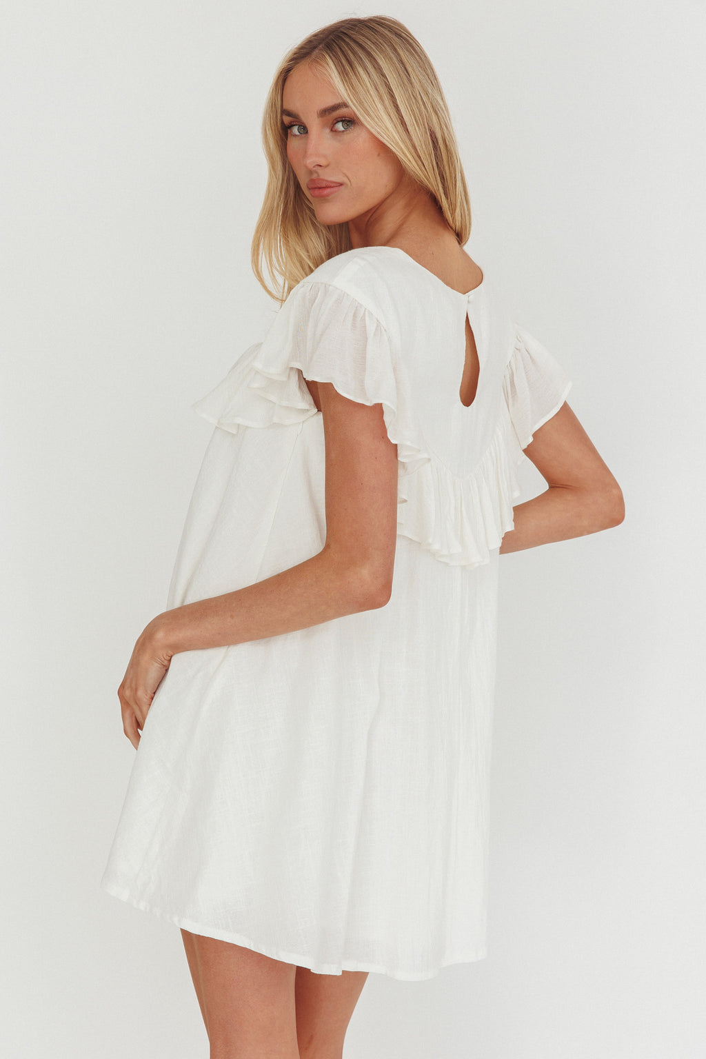 Sunshine Weekend Frill Trim Babydoll Mini Dress White by Selfie Leslie