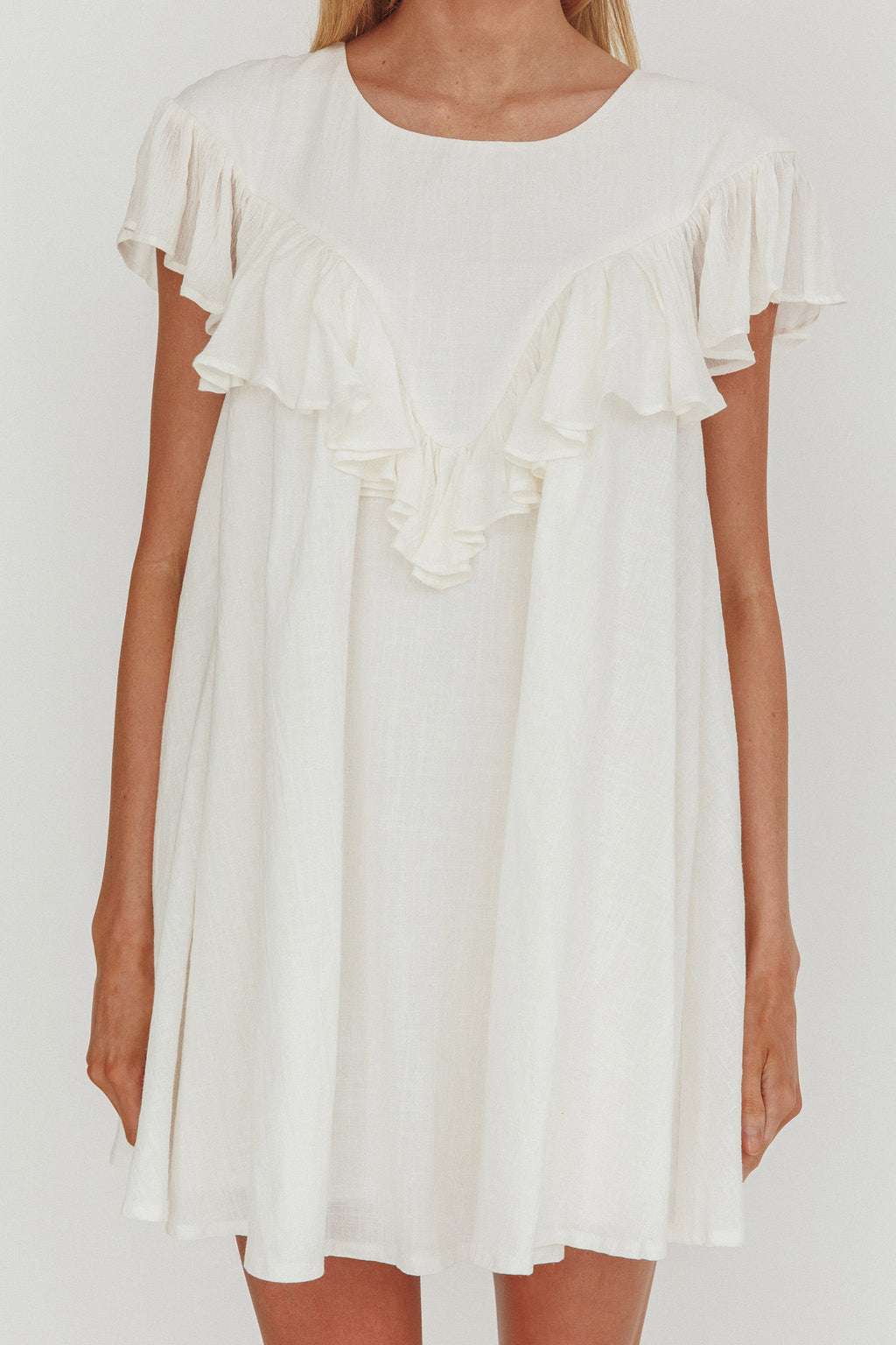 Sunshine Weekend Frill Trim Babydoll Mini Dress White by Selfie Leslie
