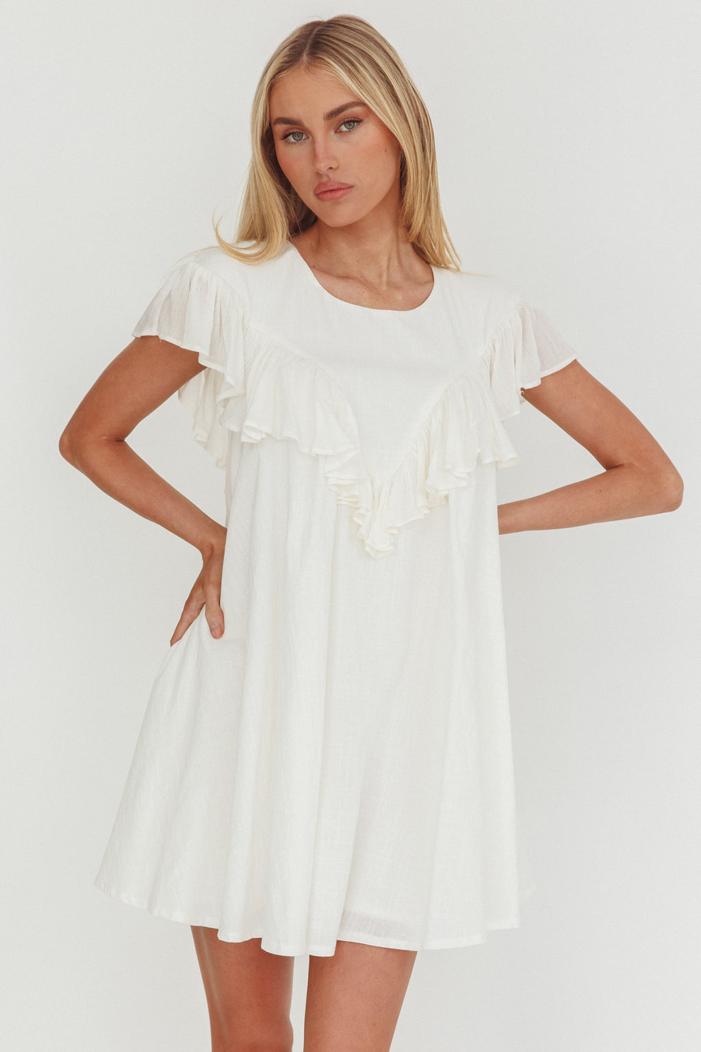 Sunshine Weekend Frill Trim Babydoll Mini Dress White by Selfie Leslie