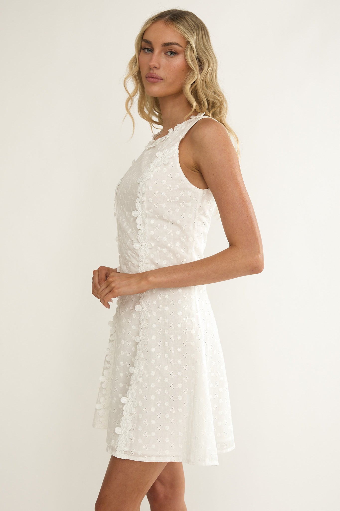 Jessamine Floral Applique Eyelet Mini Dress Off White by Selfie Leslie