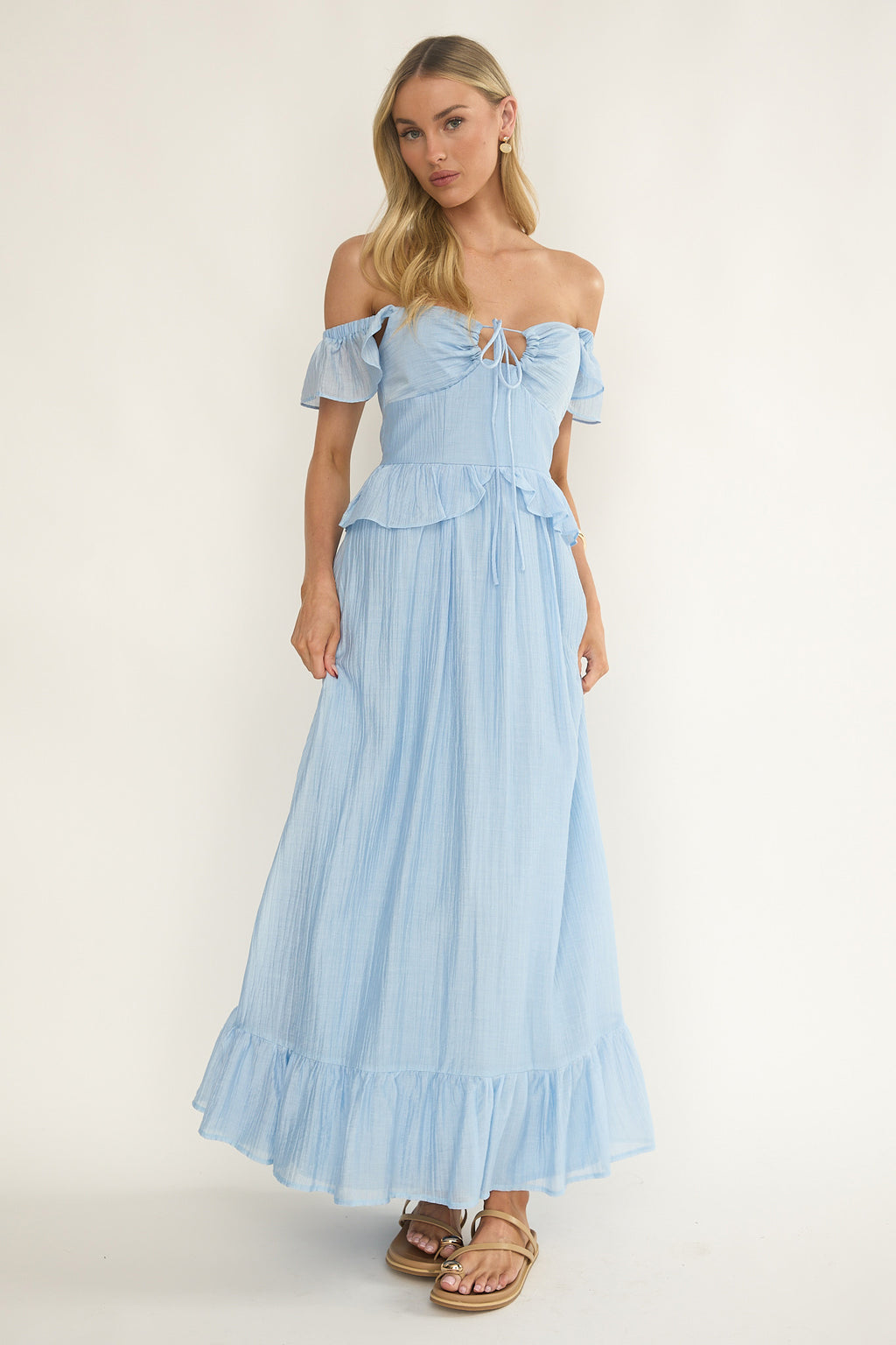 Hanalei Off-Shoulder Tied Bust Maxi Dress Light Blue by Selfie Leslie