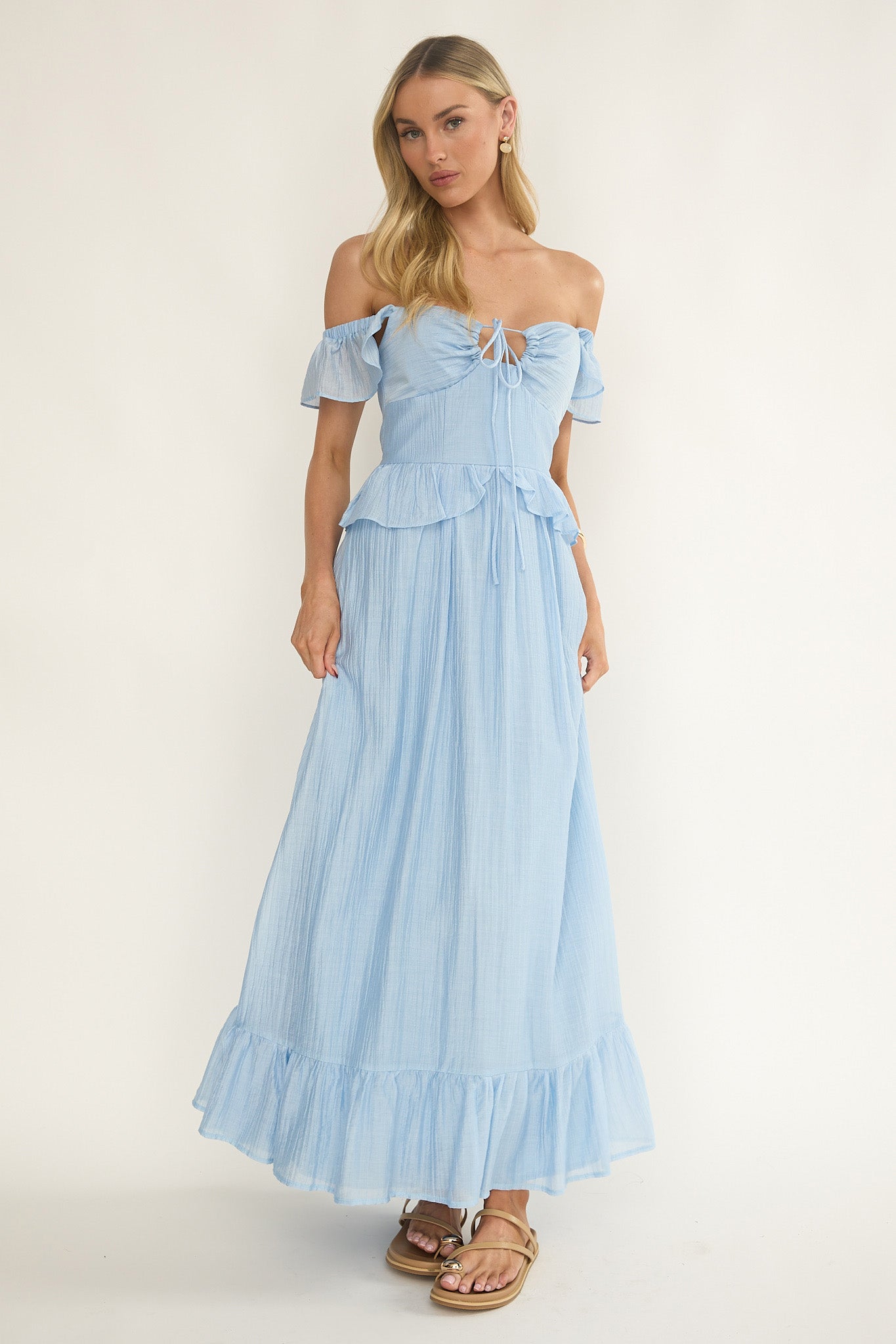 Hanalei Off-Shoulder Tied Bust Maxi Dress Light Blue by Selfie Leslie