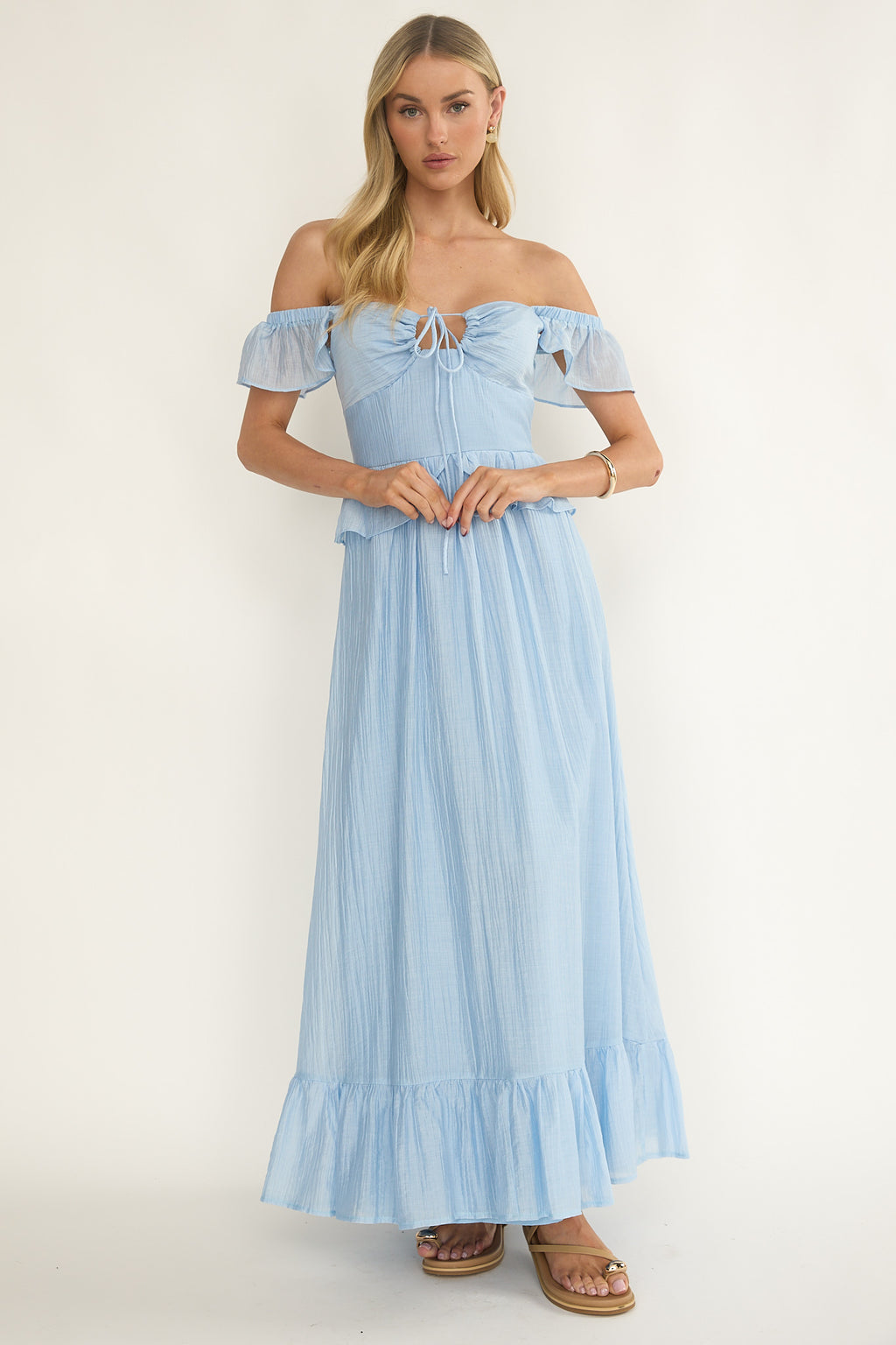 Hanalei Off-Shoulder Tied Bust Maxi Dress Light Blue by Selfie Leslie