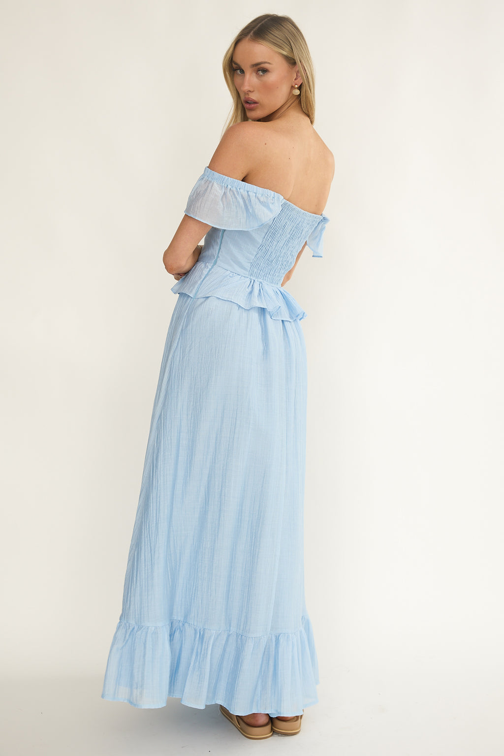 Hanalei Off-Shoulder Tied Bust Maxi Dress Light Blue by Selfie Leslie