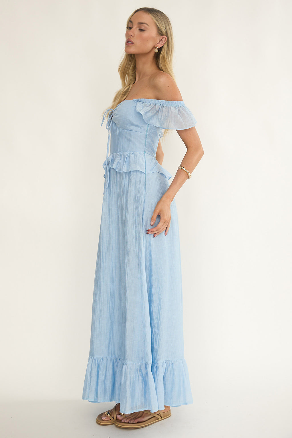 Hanalei Off-Shoulder Tied Bust Maxi Dress Light Blue by Selfie Leslie