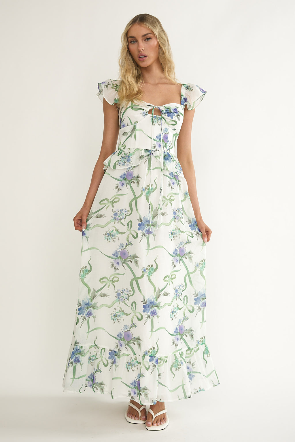 Hanalei Off-Shoulder Tied Bust Maxi Dress Floral White by Selfie Leslie