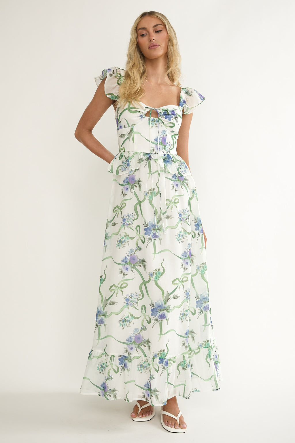 Hanalei Off-Shoulder Tied Bust Maxi Dress Floral White by Selfie Leslie