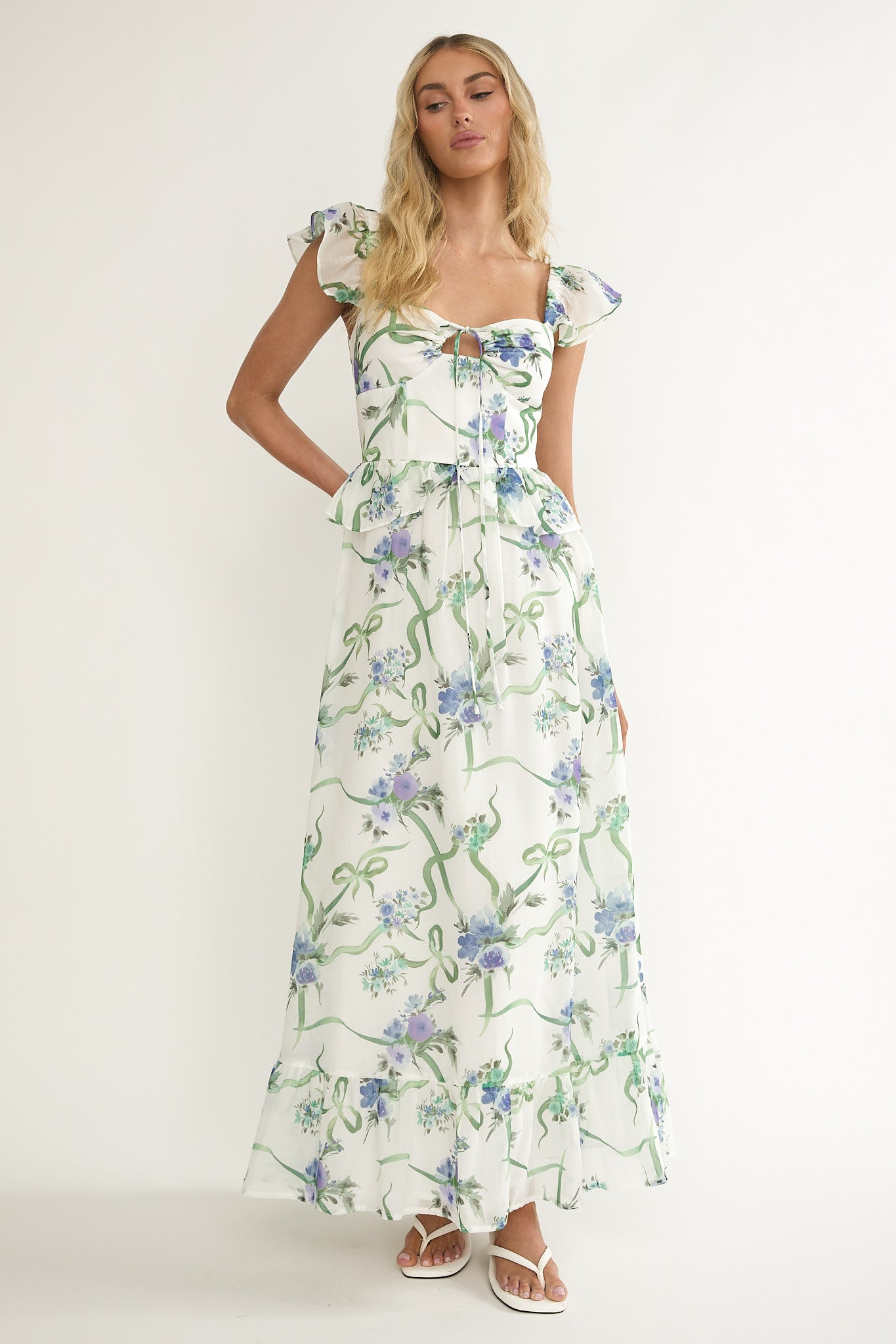 Hanalei Off-Shoulder Tied Bust Maxi Dress Floral White by Selfie Leslie