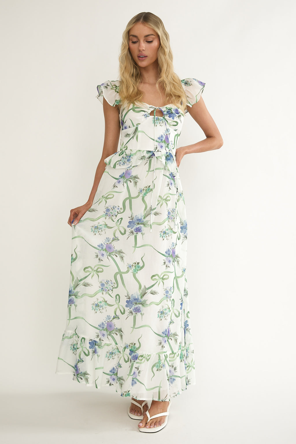 Hanalei Off-Shoulder Tied Bust Maxi Dress Floral White by Selfie Leslie