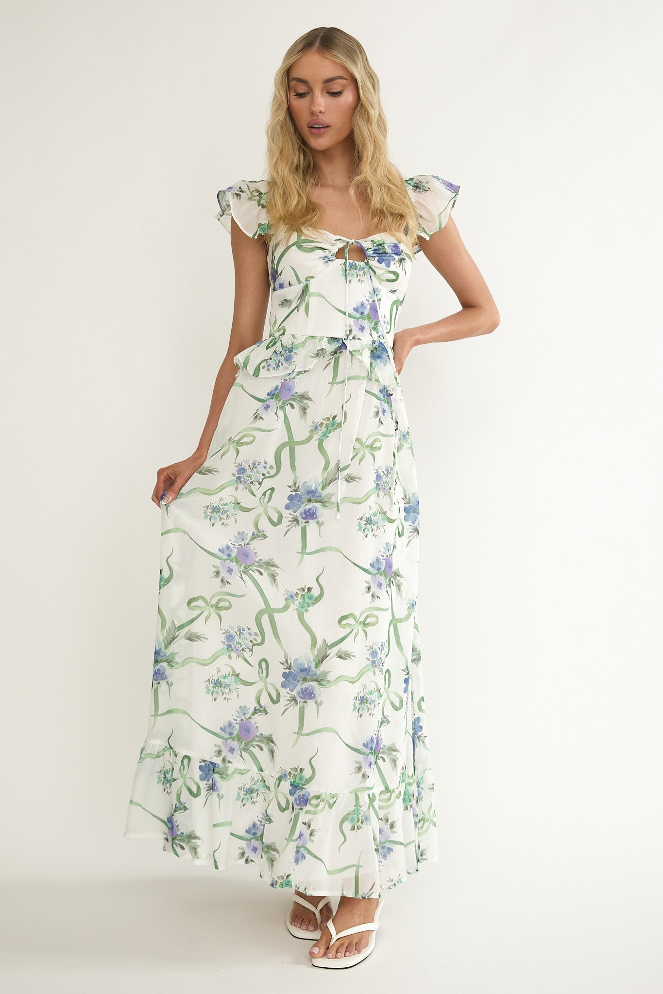 Hanalei Off-Shoulder Tied Bust Maxi Dress Floral White by Selfie Leslie