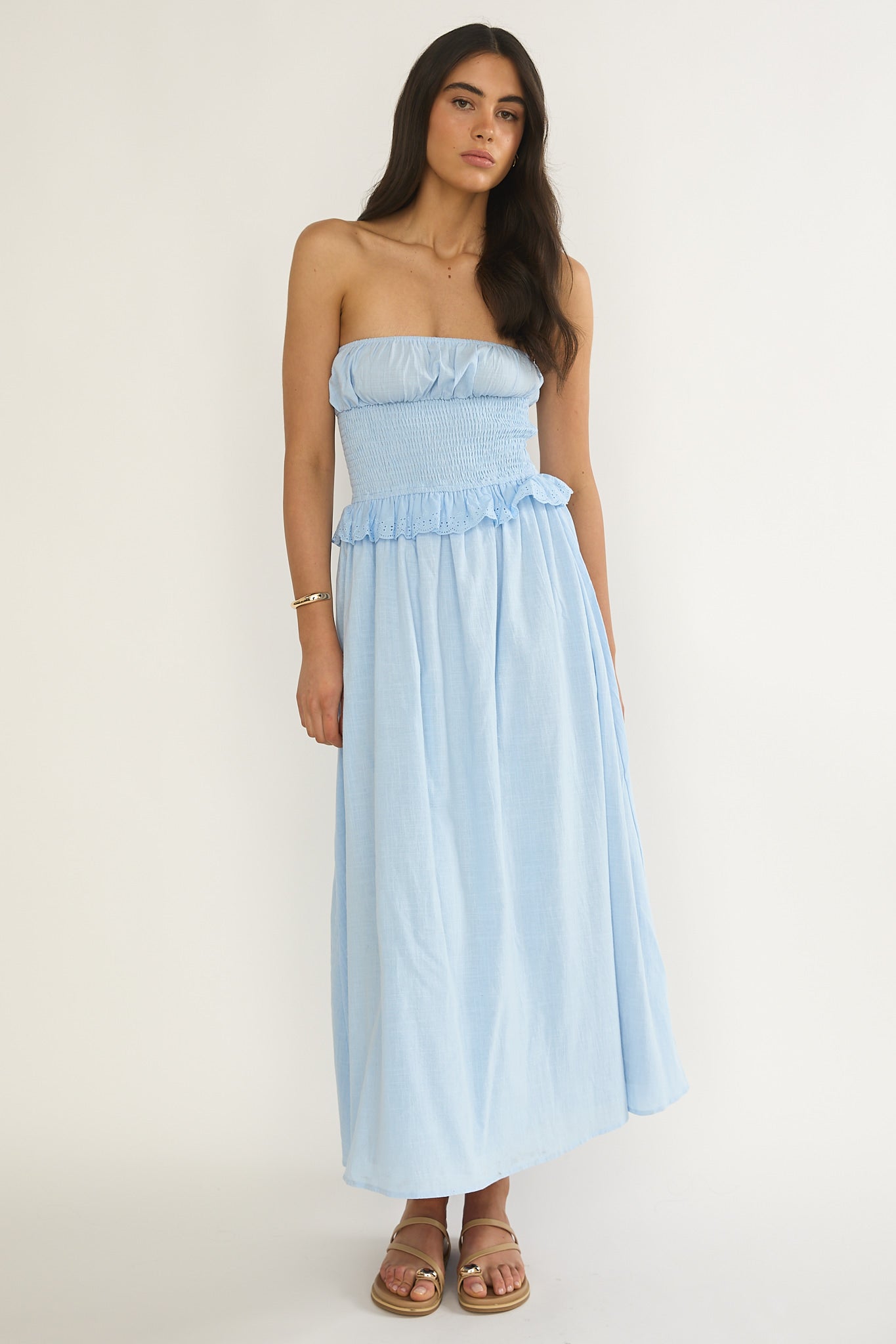 midi shirred dress Lija Strapless Shirred Bodice Midi Dress Light Blue