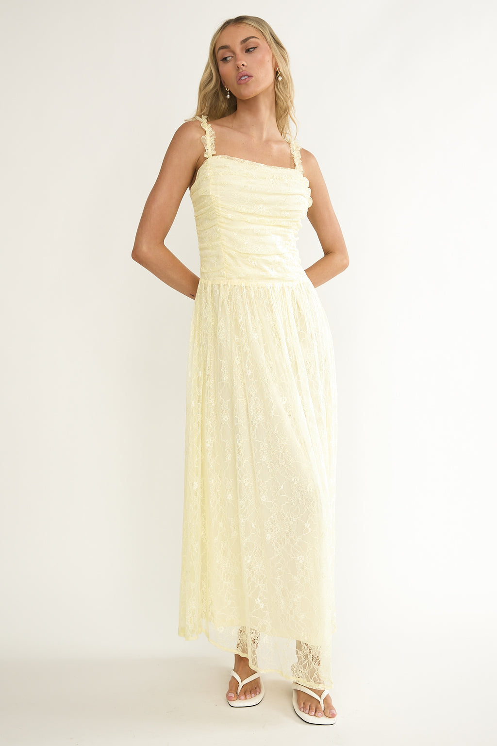 Dahlin Frill Strap Lace Overlay Maxi Dress Butter by Selfie Leslie