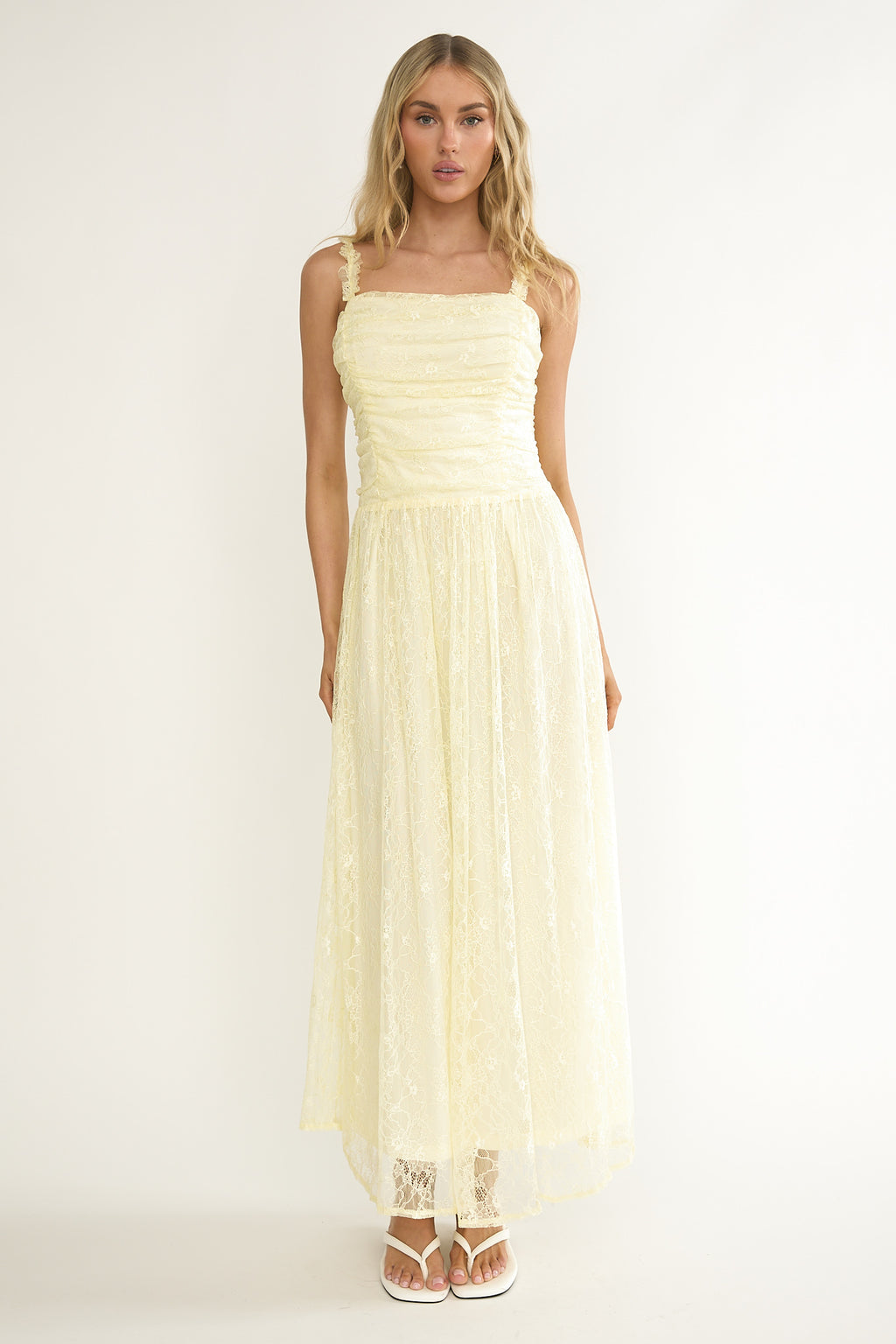 Dahlin Frill Strap Lace Overlay Maxi Dress Butter by Selfie Leslie