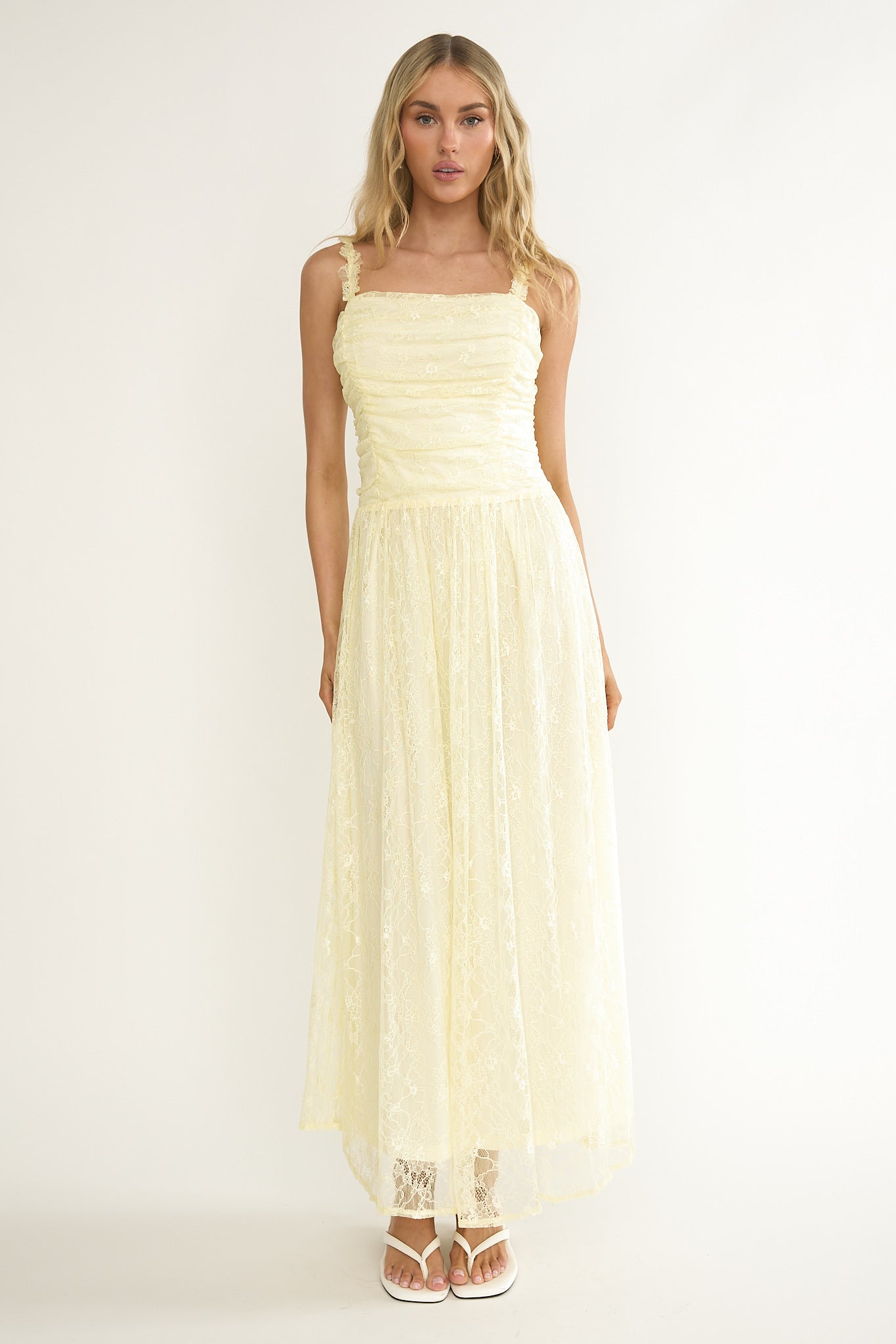 Dahlin Frill Strap Lace Overlay Maxi Dress Butter by Selfie Leslie