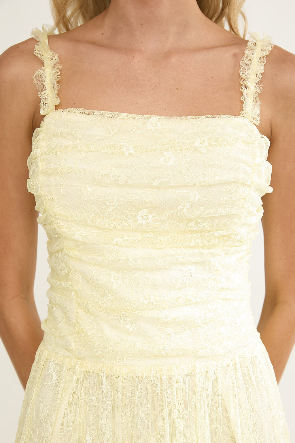 Dahlin Frill Strap Lace Overlay Maxi Dress Butter by Selfie Leslie