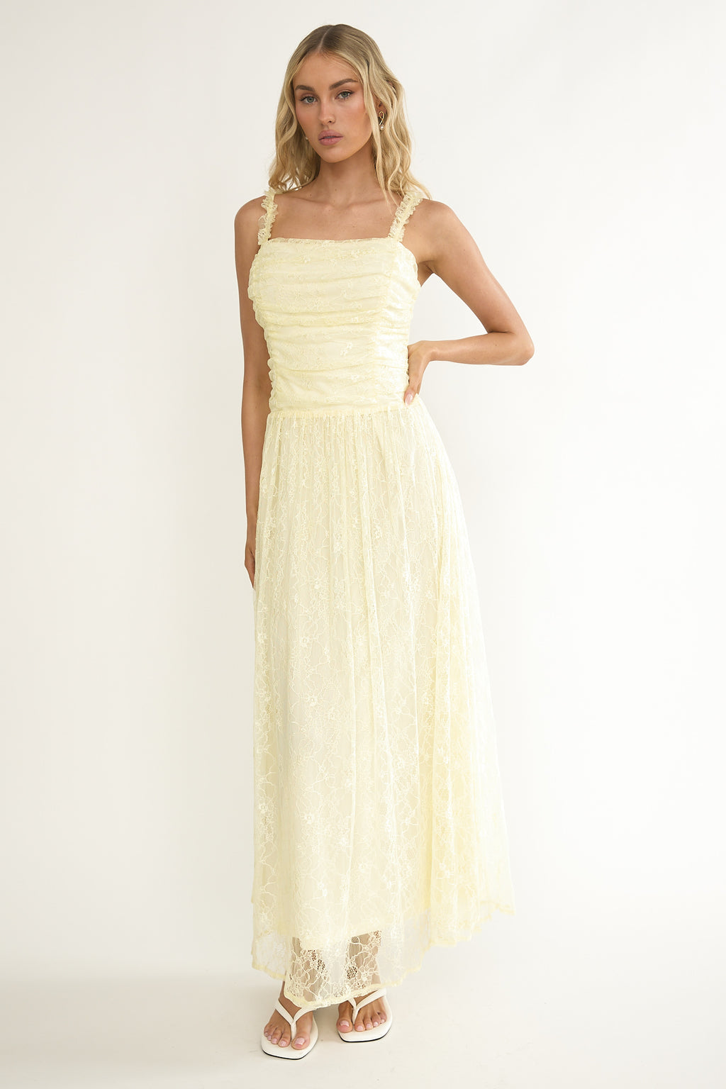 Dahlin Frill Strap Lace Overlay Maxi Dress Butter by Selfie Leslie