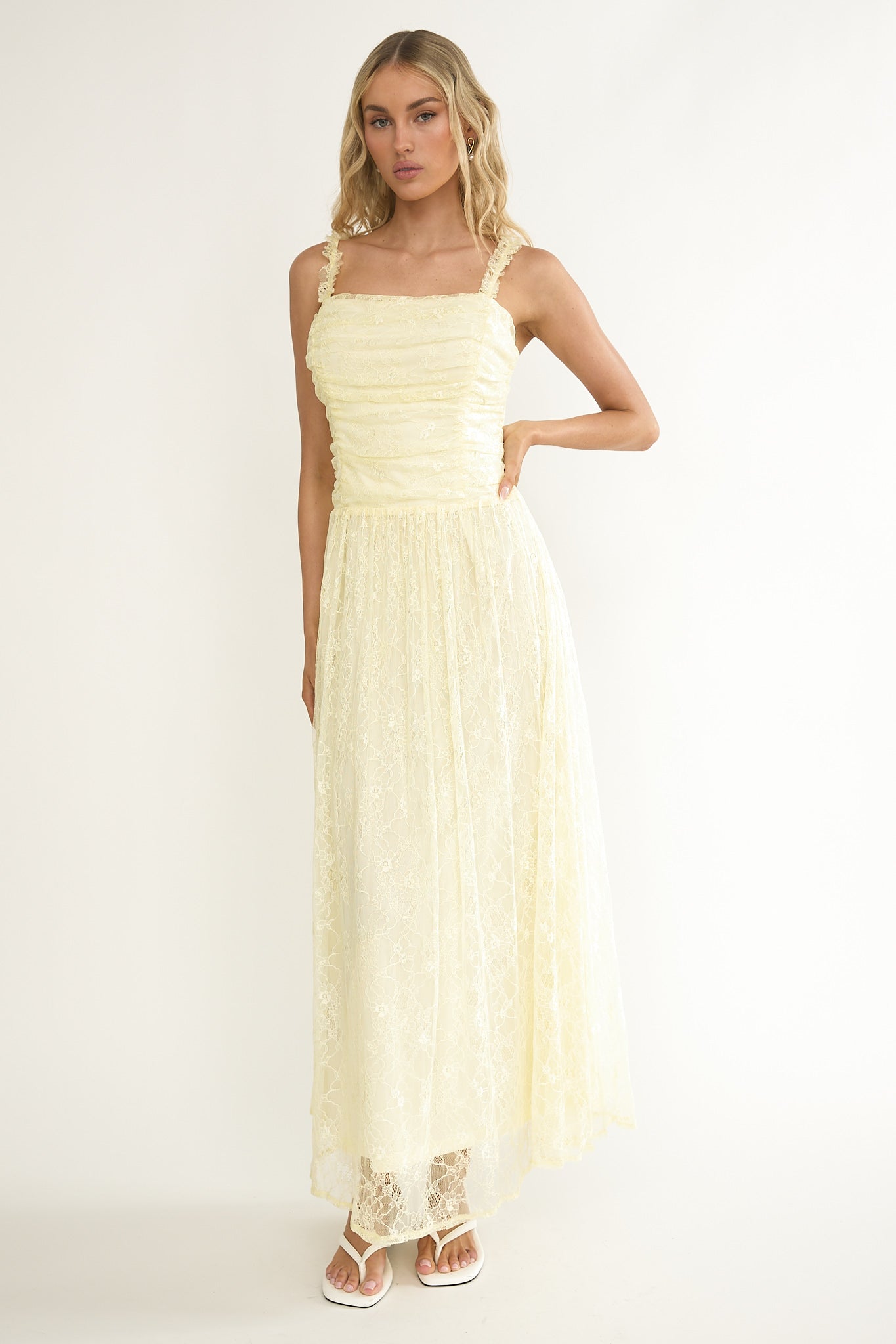 Dahlin Frill Strap Lace Overlay Maxi Dress Butter by Selfie Leslie