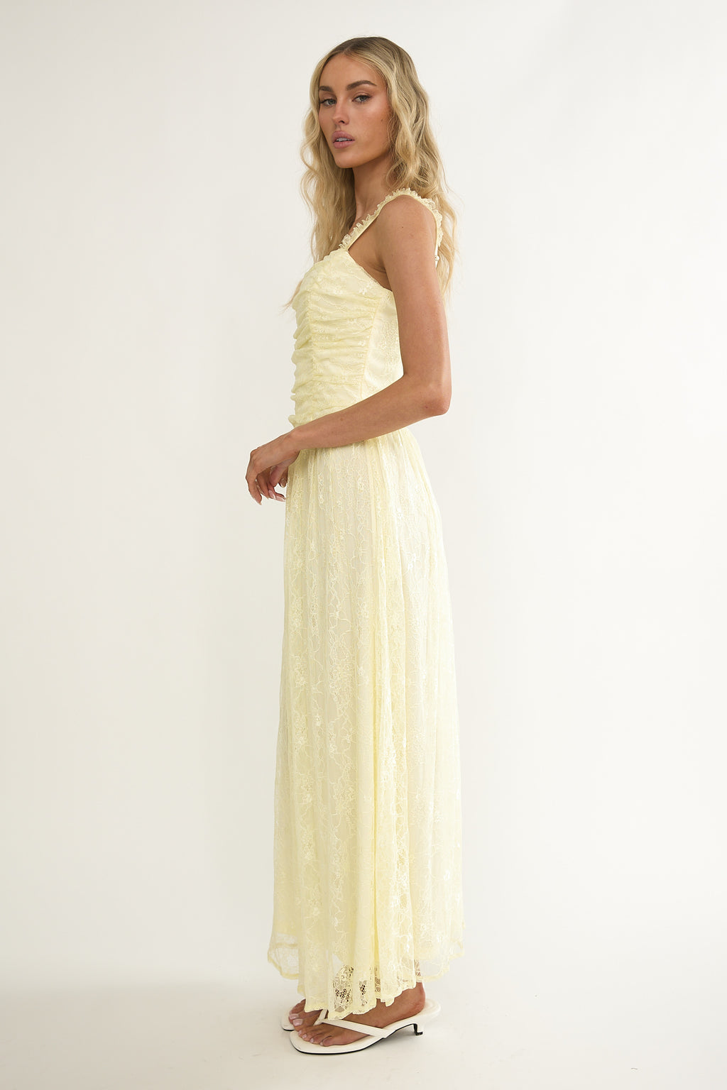 Dahlin Frill Strap Lace Overlay Maxi Dress Butter by Selfie Leslie
